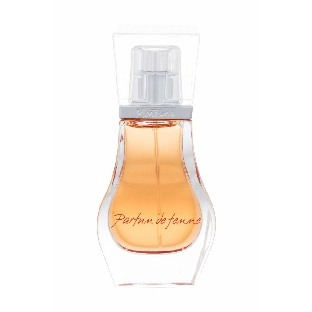 Transparenter Flakon mit gelblicher Flüssigkeit. Auf dem Flakon steht "Parfum de femme". Der Flakon hat eine klare, geschwungene Form.
