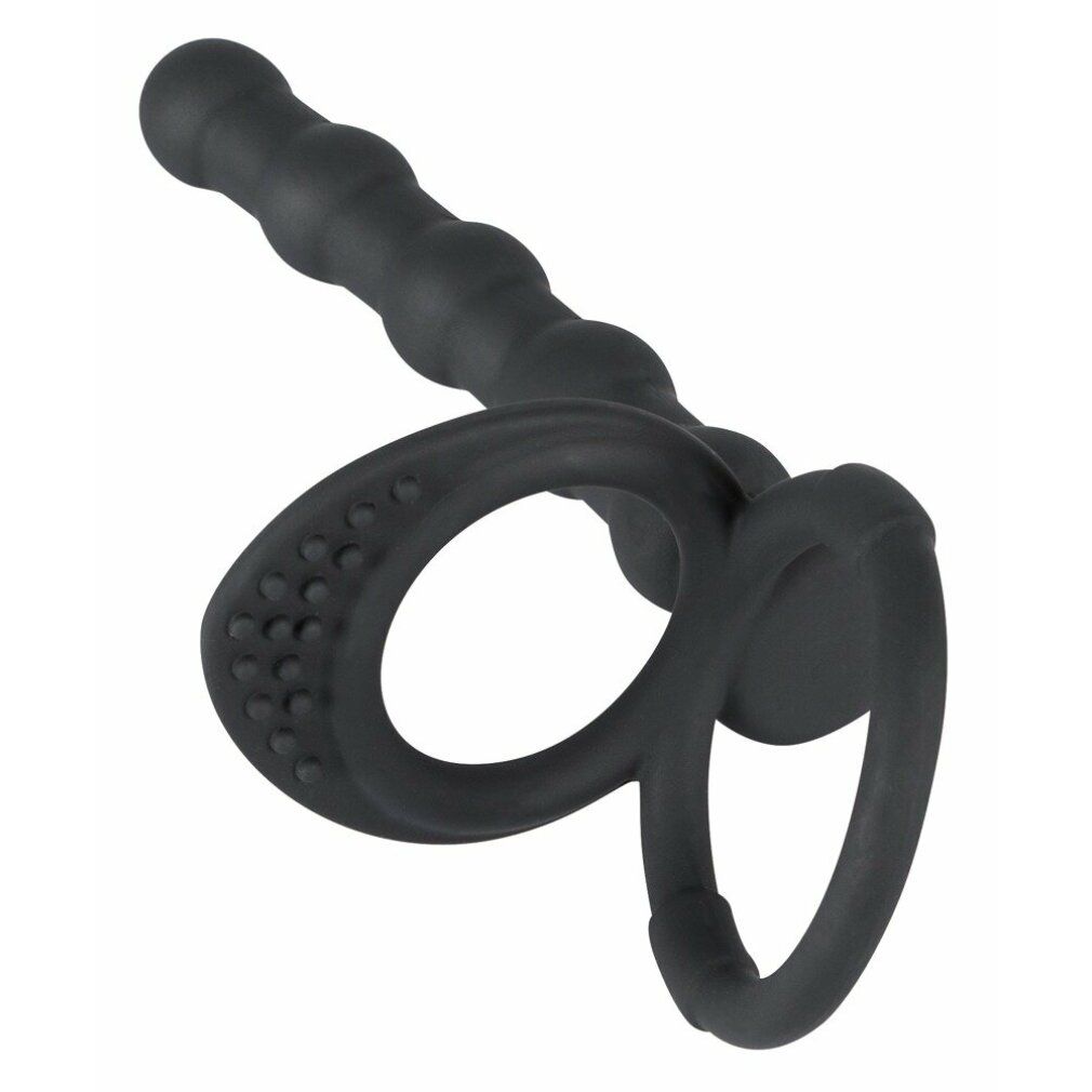 Schwarzer Penis-/Hodenring mit Analdildo. Der Dildo hat eine geriffelte Oberfläche. Der Ring hat eine strukturierte Oberfläche.