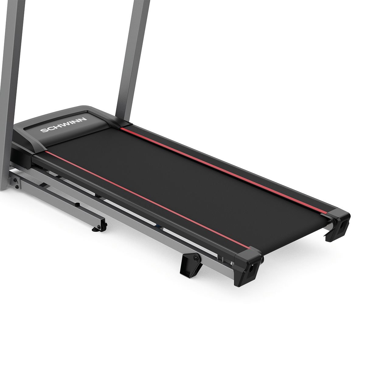 Nahaufnahme der Lauffläche eines Laufbands mit roter Linie. Schwarze Oberfläche mit Schwinn-Logo.