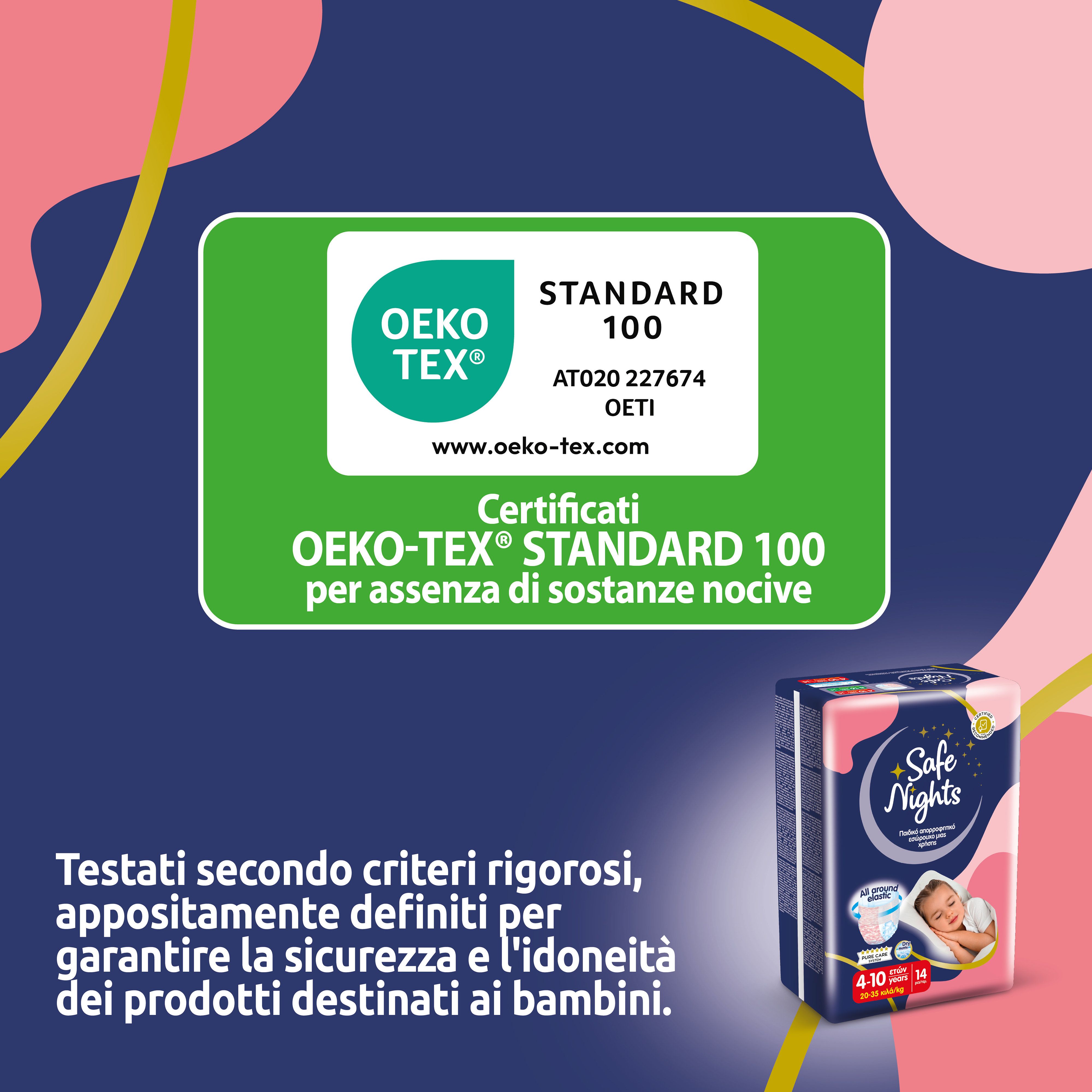 Windelhose mit Oeko-Tex Standard 100 Zertifizierung. Produktverpackung Babylino Safe Nights Girls Pants. Text: Oeko-Tex.