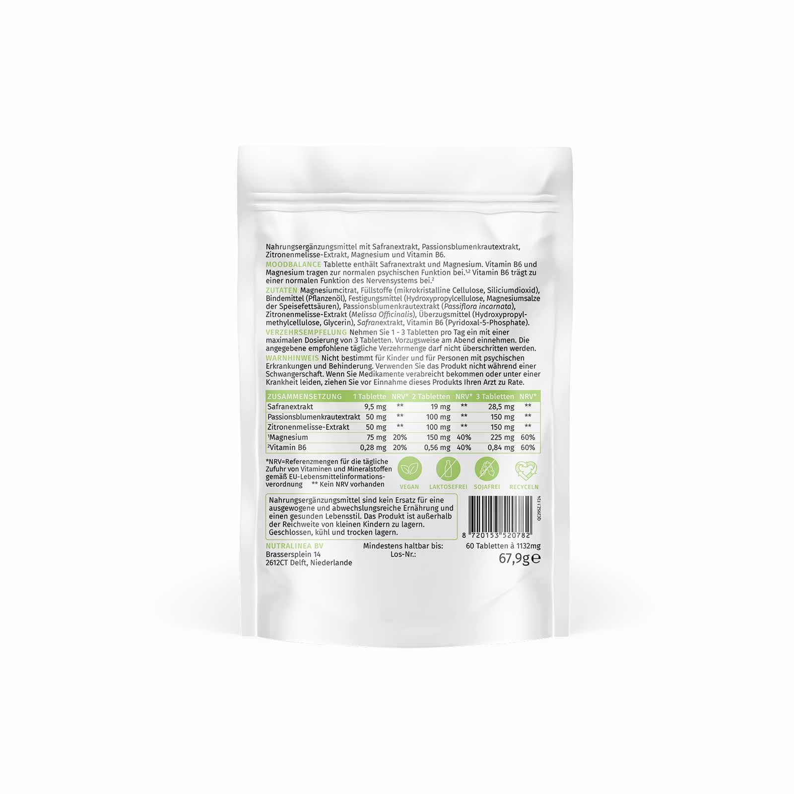 Rückseite der MoodBalance-Verpackung. Text mit Nährwertangaben und Inhaltsstoffen. Marke NutraLinea.