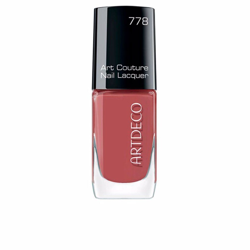 Nagellackflasche, Artdeco Art Couture Nail Lacquer. Farbton 778, rosabraun. Schwarzer Deckel, transparente Flasche.