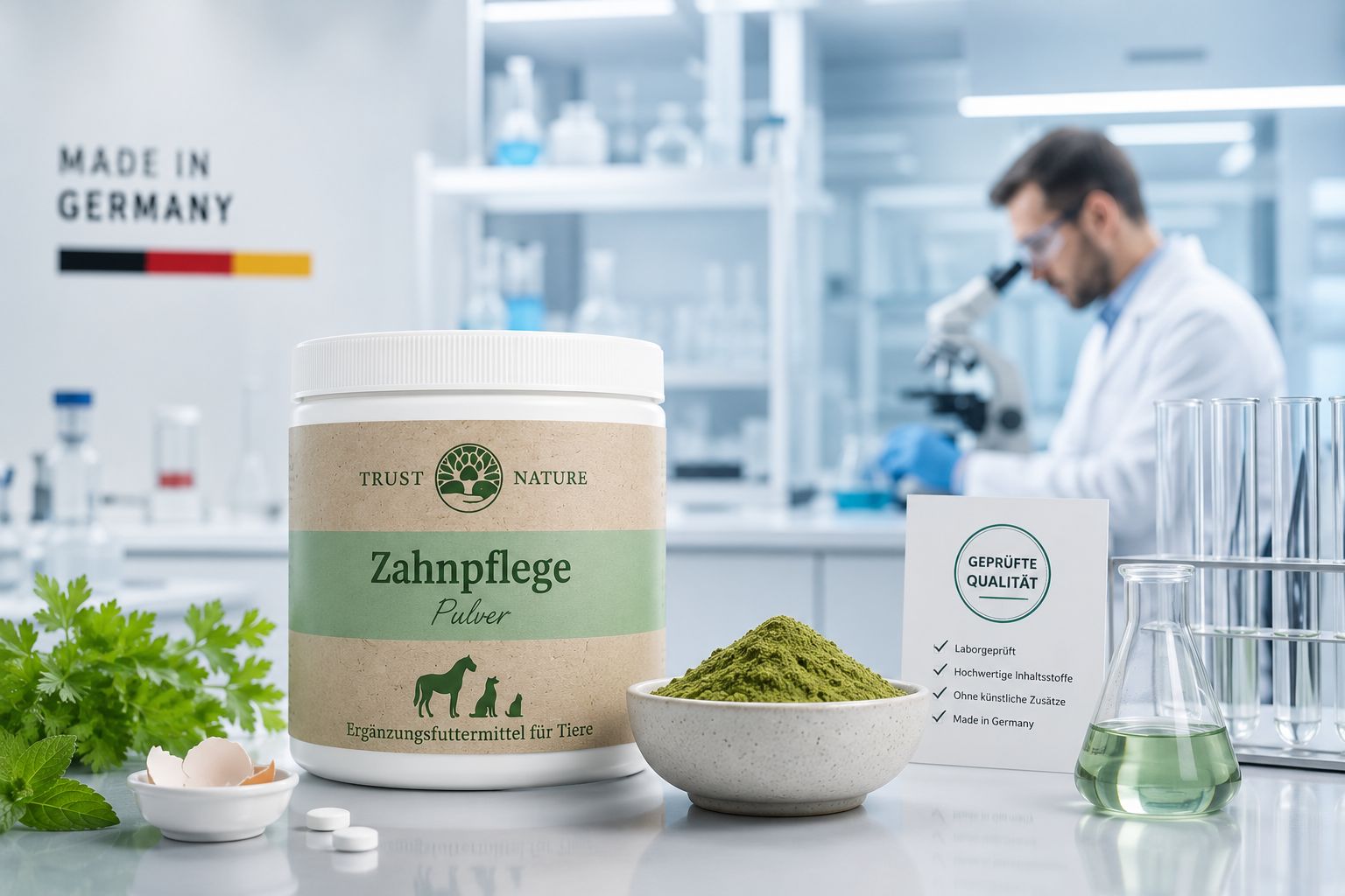 Trust Nature Zahnpflege Pulver in einem Labor, mit "Made in Germany" und Qualitätssiegel.