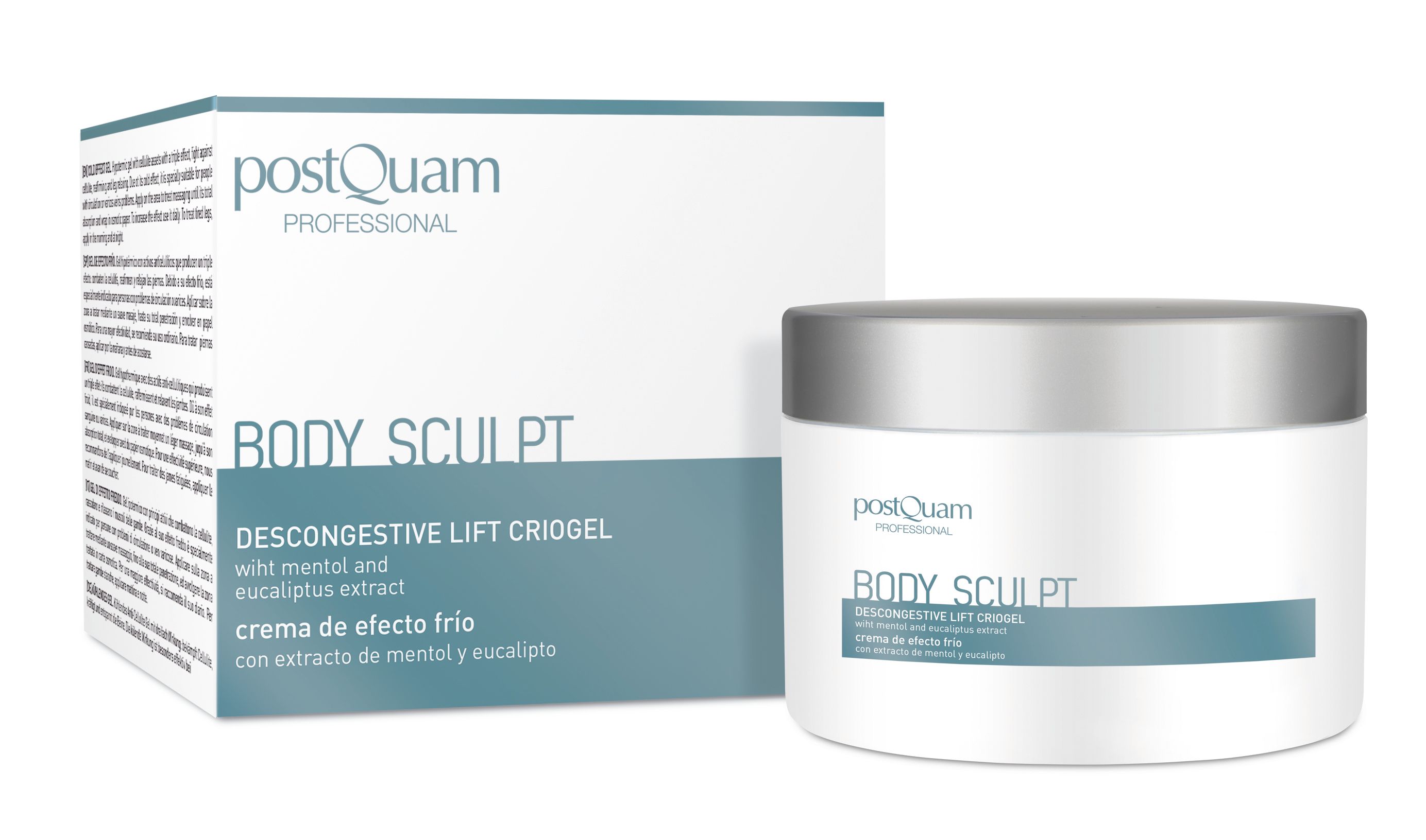 Creme-Behälter und Schachtel. Aufschrift: Body Sculpt, Descongestive Lift Criogel. Marke: postQuam.