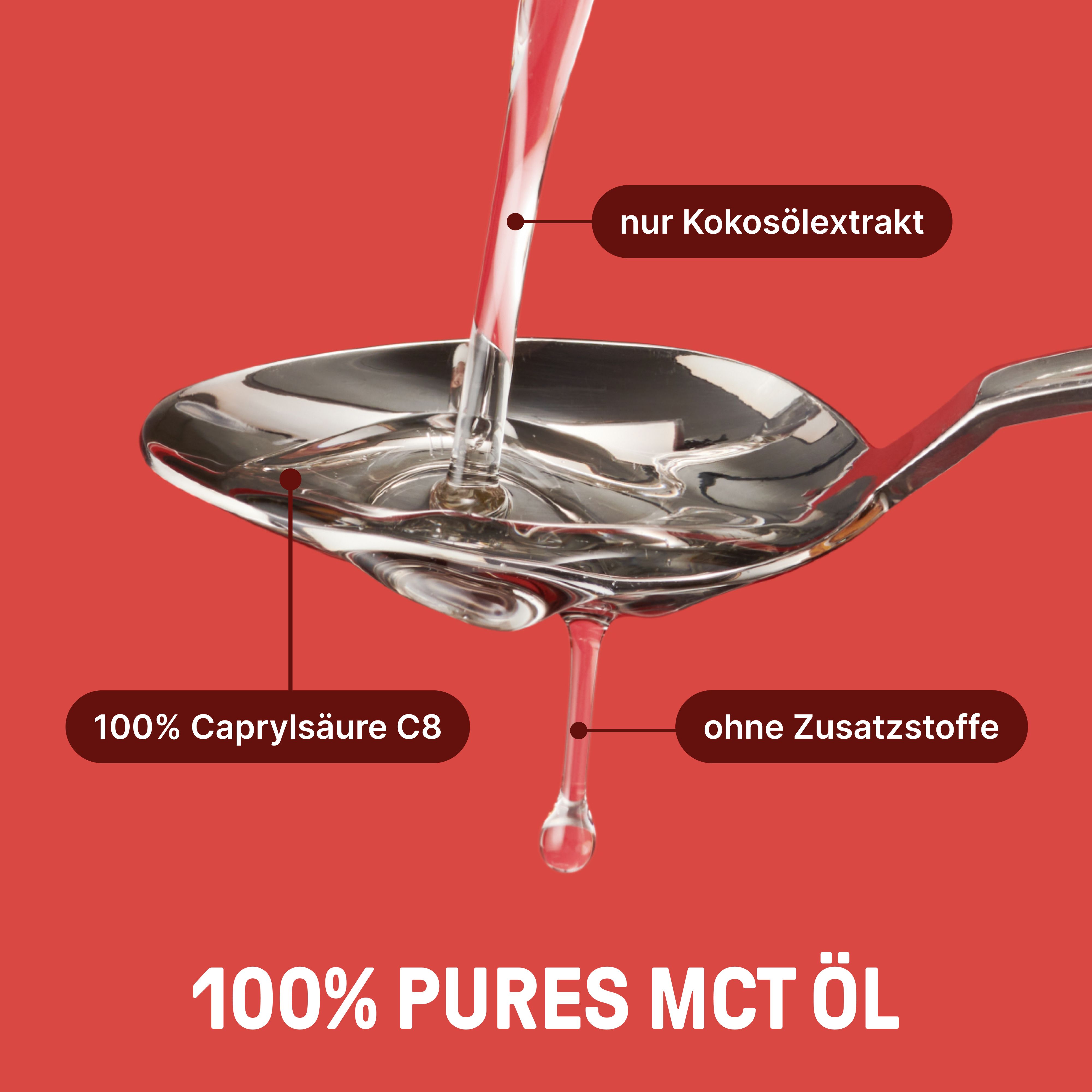 Löffel mit Öl, das in eine Tropfenform fließt. Text: 100% Caprylsäure C8, ohne Zusatzstoffe, nur Kokosölextrakt. Roter Hintergrund.