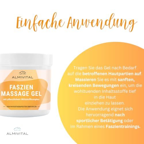 ALMIVITAL Faszien Massage Gel. Text: Einfache Anwendung. Anwendung auf betroffenen Hautpartien. Massieren. Geeignet nach sportlicher Betätigung.