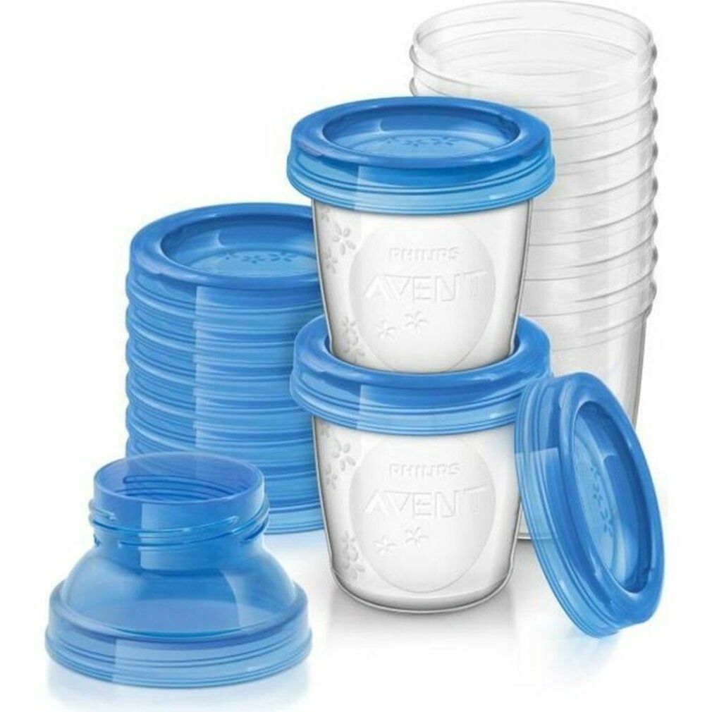 Behälter-Set für Muttermilch. Blaue Deckel, transparente Behälter. Stapelbar.