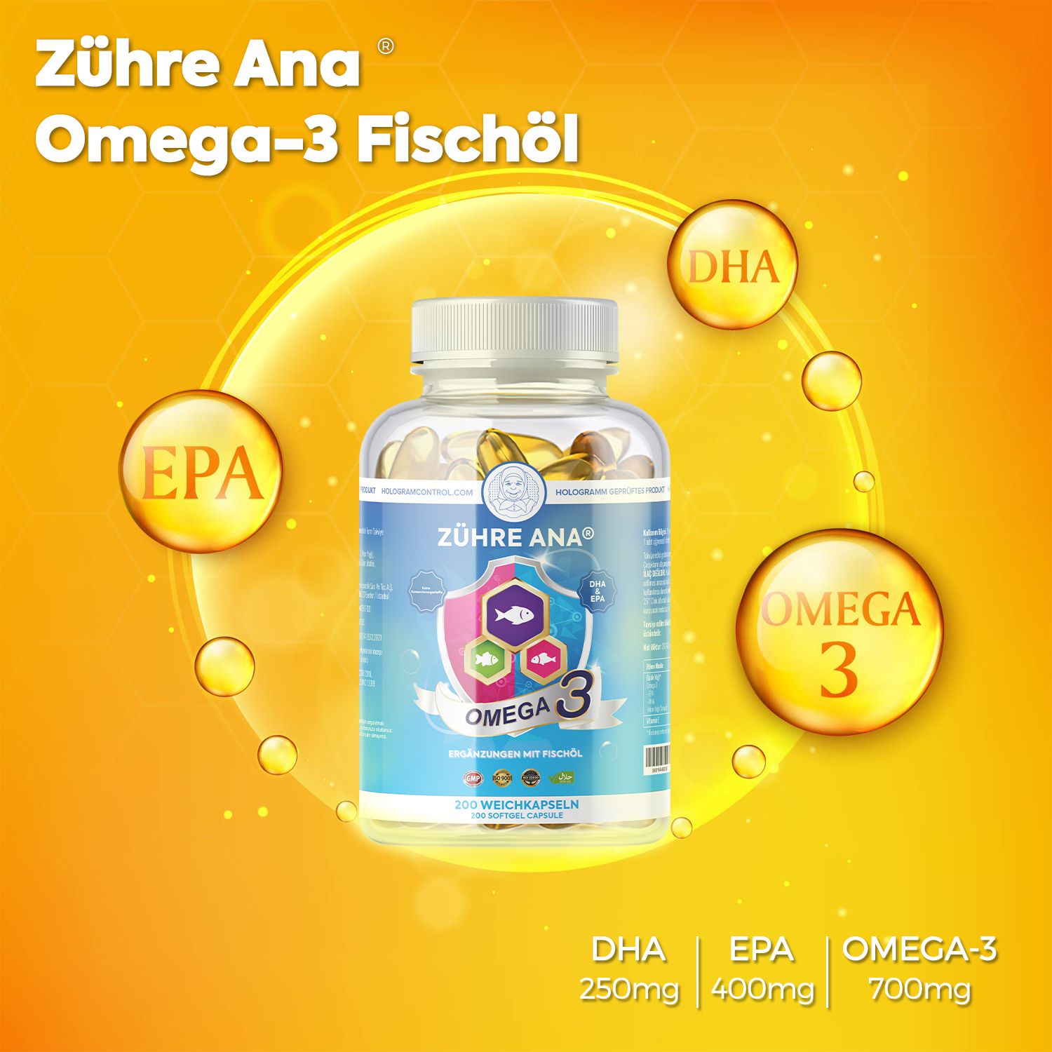 Flasche Zühre Ana Omega 3 Fischöl mit DHA, EPA, Omega-3 Symbolen auf orangefarbenem Hintergrund.
