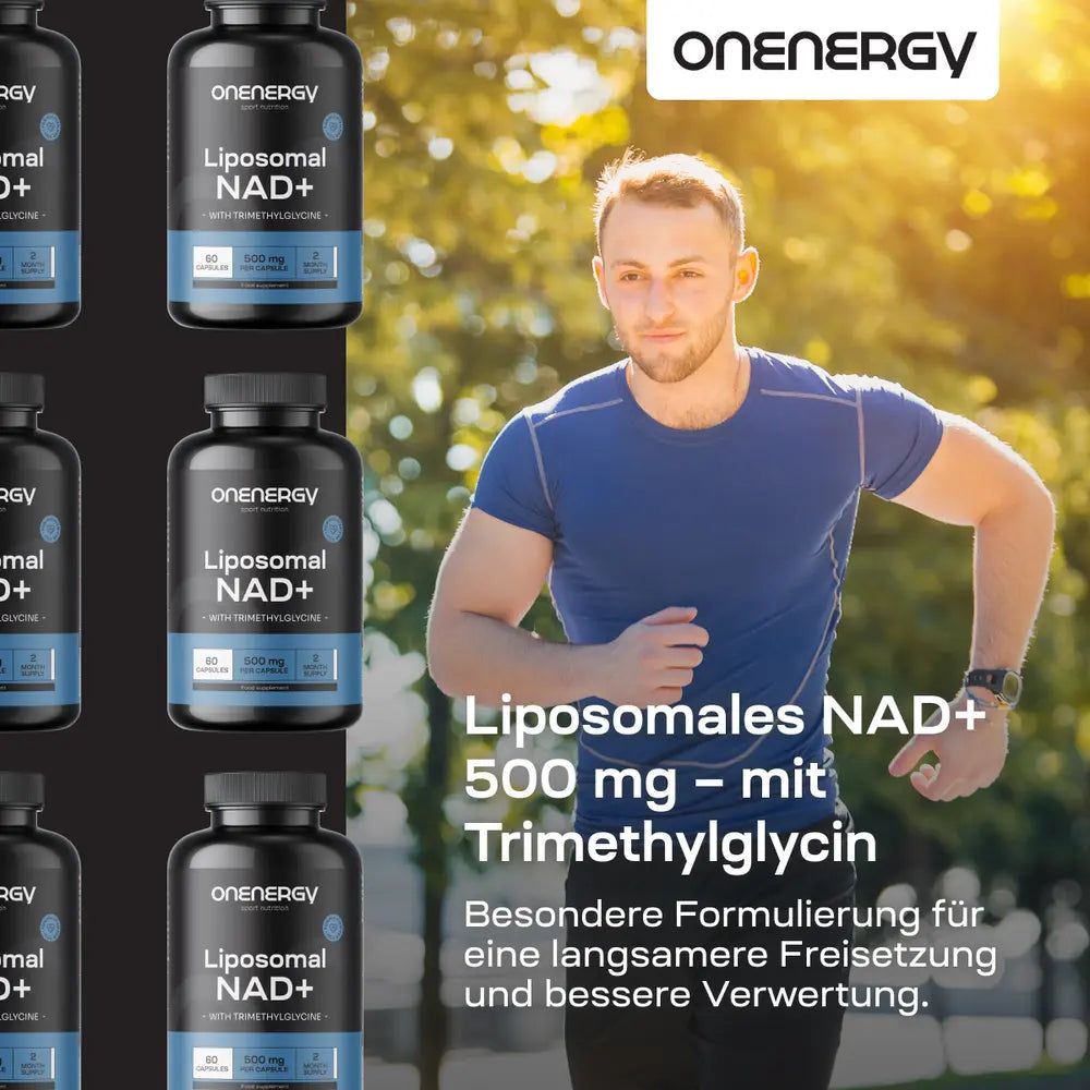 Mann läuft. Im Hintergrund Flaschen mit Liposomalem NAD+. Text: Liposomales NAD+ 500 mg mit Trimethylglycin.