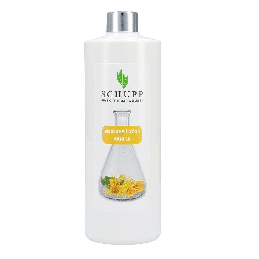 Flasche mit weißem Etikett. Aufschrift: Schupp, Massage-Lotion Arnika. Abbildung einer gelben Blüte in einem Glas.