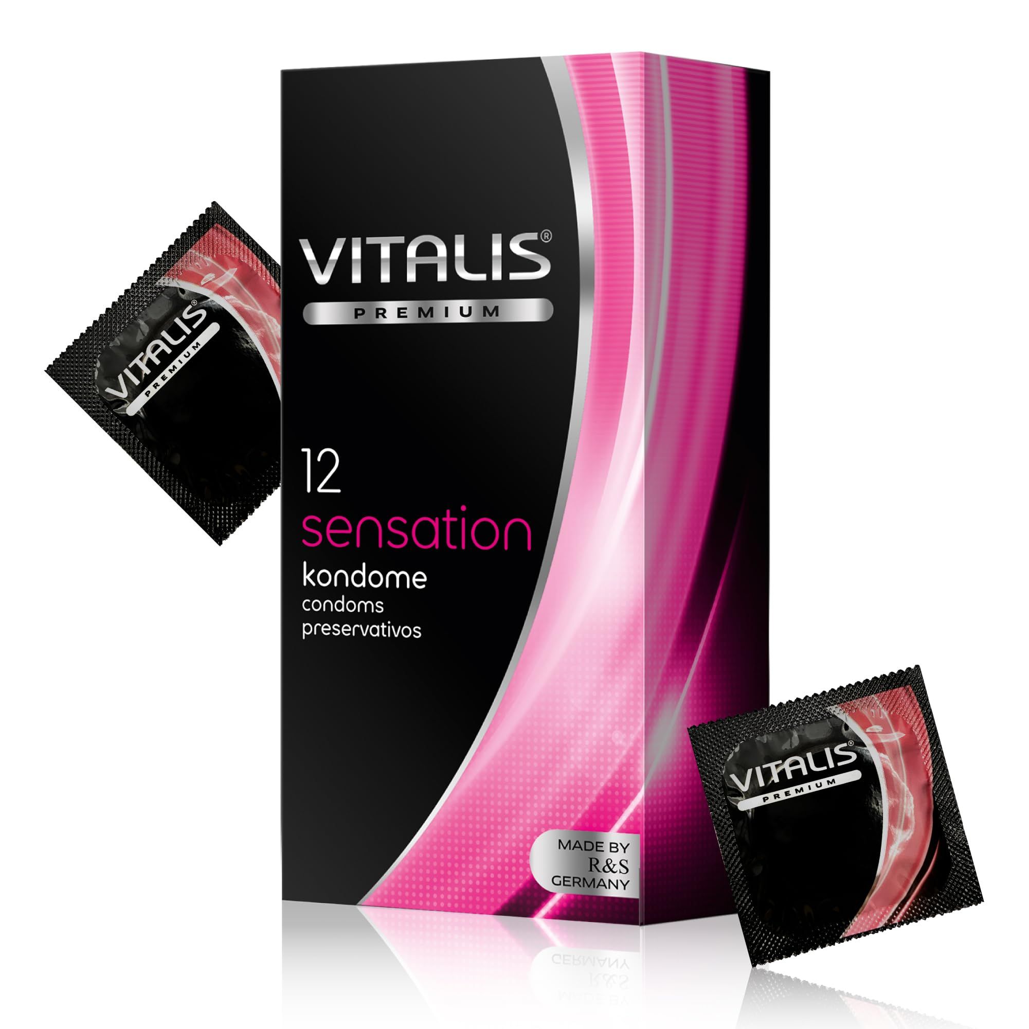 VORDERSEITE EINER PACKUNG MIT 12 VITALIS KONDOMEN, SENSATION.