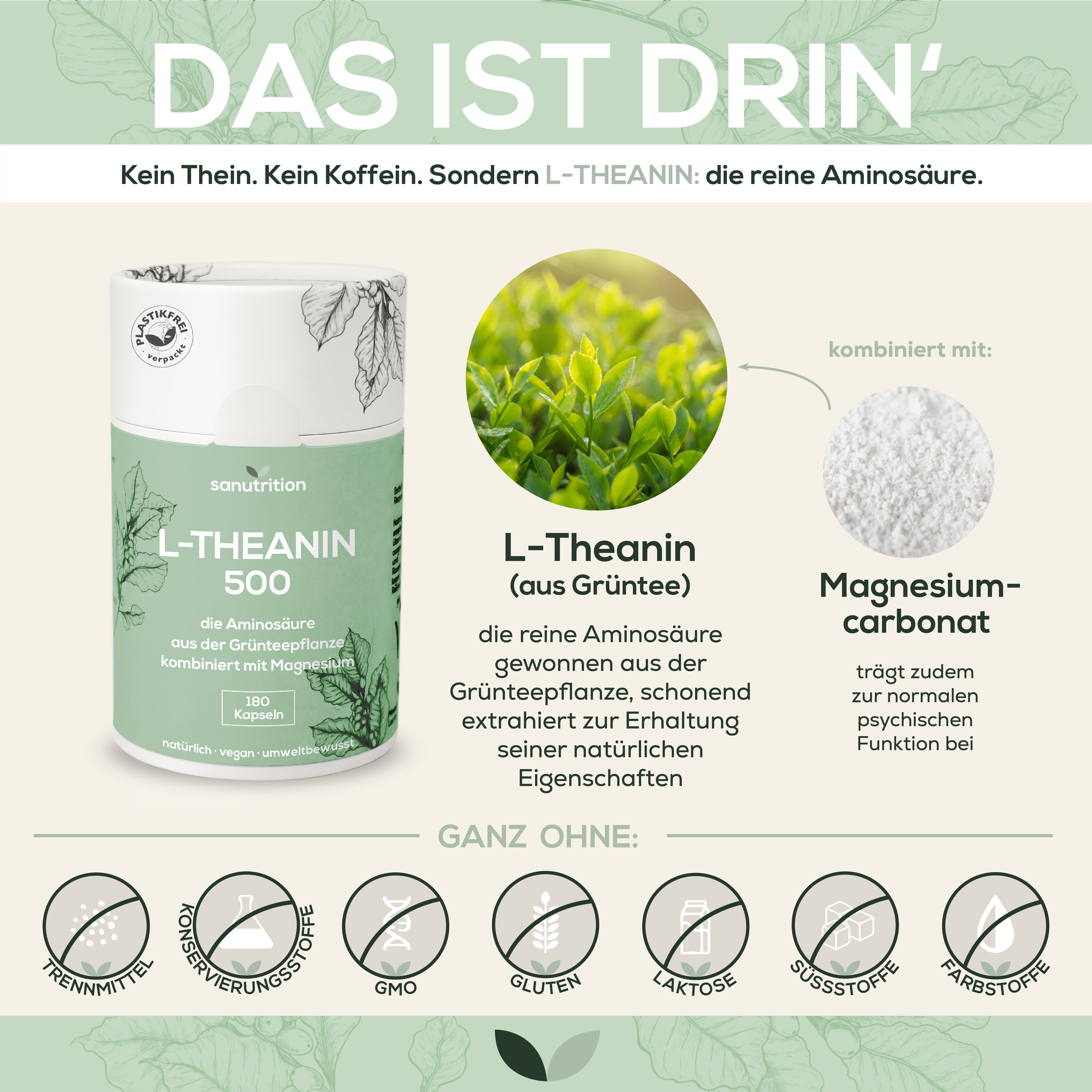 Infografik: Sanutrition L-Theanin 500 Dose neben Illustrationen. Enthält L-Theanin, Magnesiumcarbonat. Frei von Zusatzstoffen. Text: "Das ist drin".