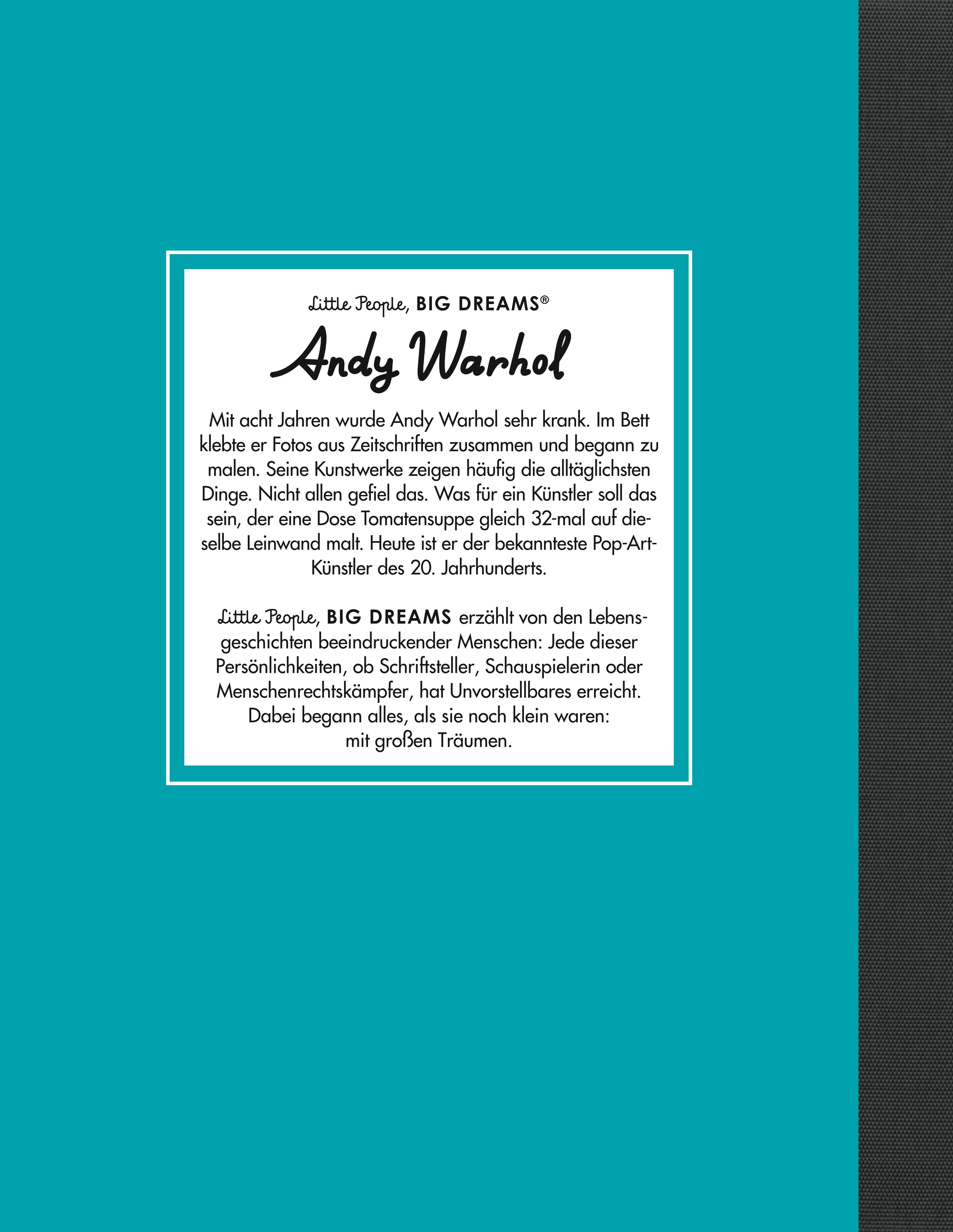 Rückseite des Buches "Andy Warhol". Text in deutscher Sprache. Logo "Little People, BIG DREAMS".