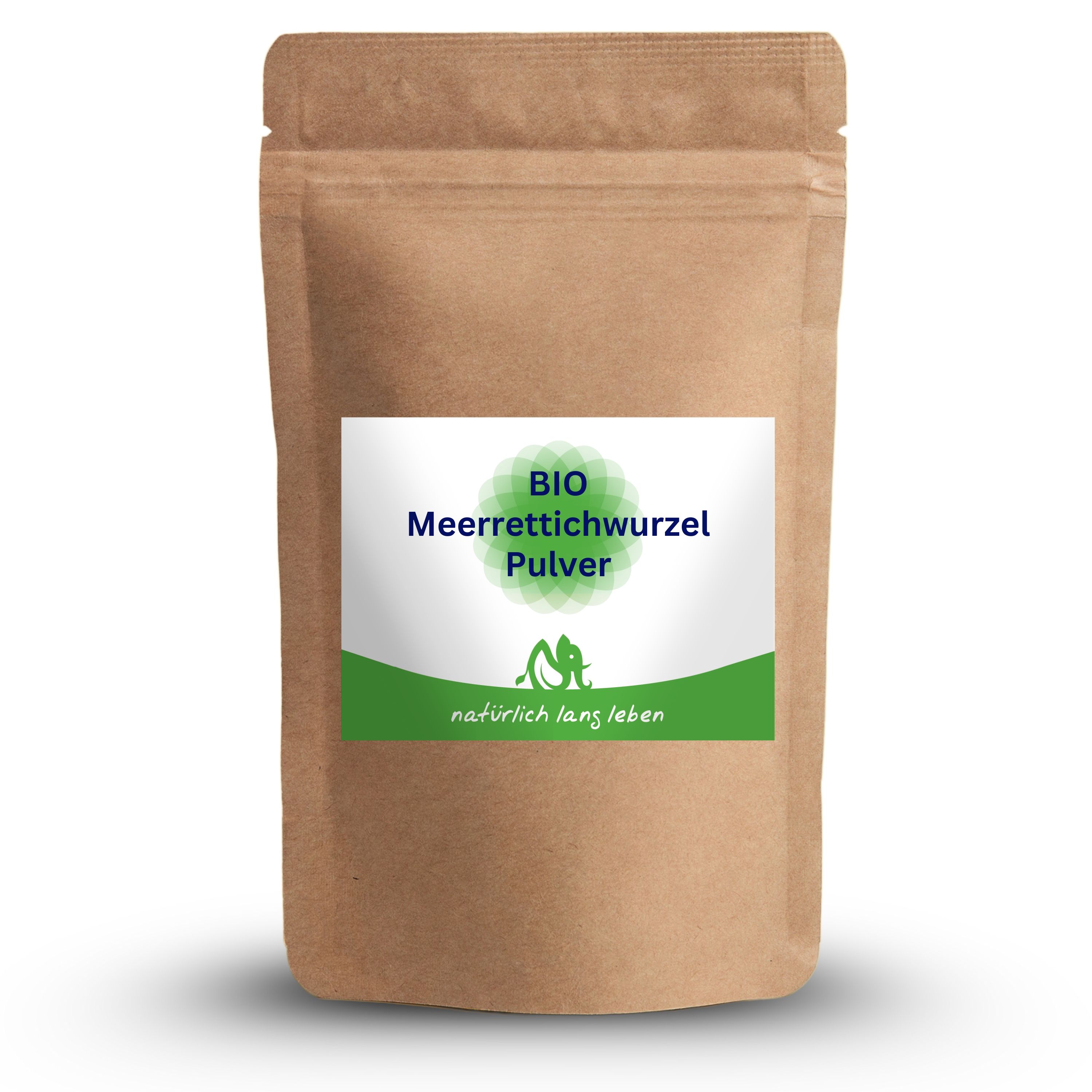 Beutel mit BIO Meerrettichwurzel Pulver. Weißes Etikett mit grünen Akzenten und Logo. Braune Papierverpackung.