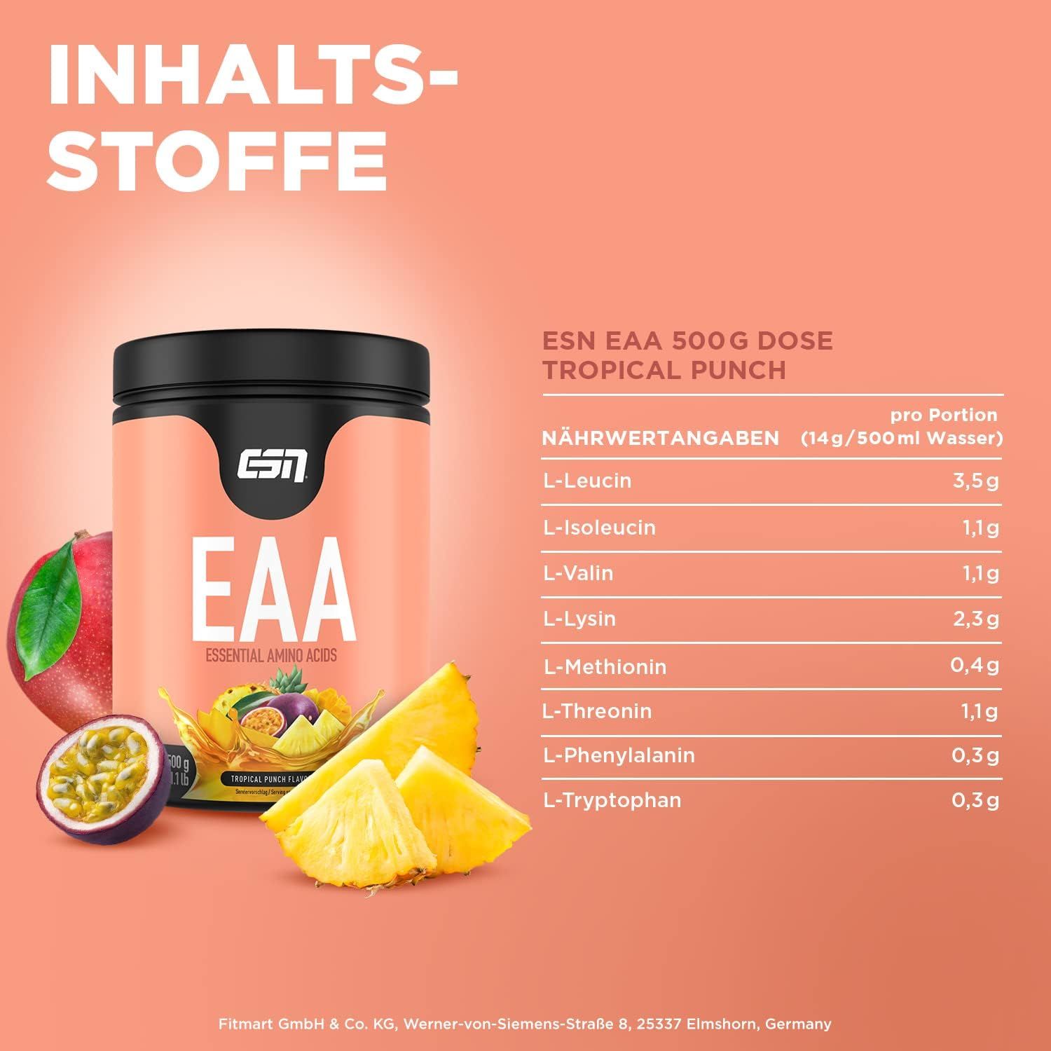 ESN EAA Dose, Früchte. Nährwertangaben pro Portion: L-Leucin, L-Isoleucin, L-Valin, L-Lysin, L-Methionin, L-Threonin, L-Phenylalanin, L-Tryptophan.