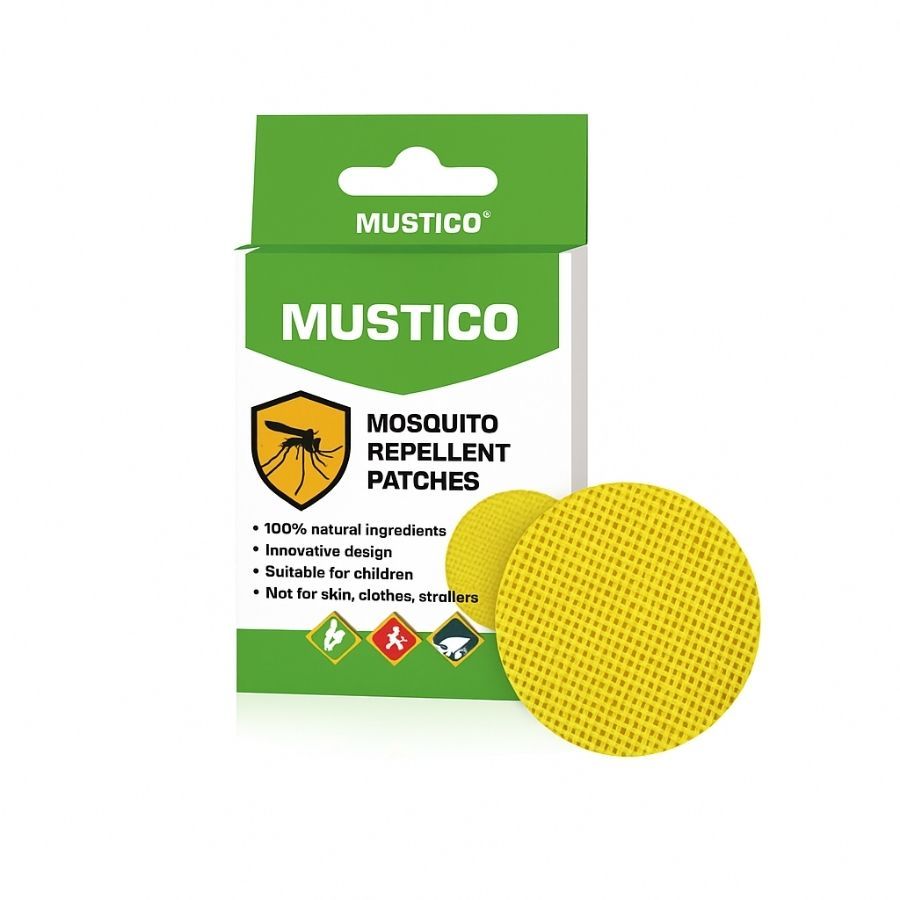 Verpackung mit gelben, runden Pflastern. Aufschrift: MUSTICO, Mosquito Repellent Patches. Geeignet für Kinder.