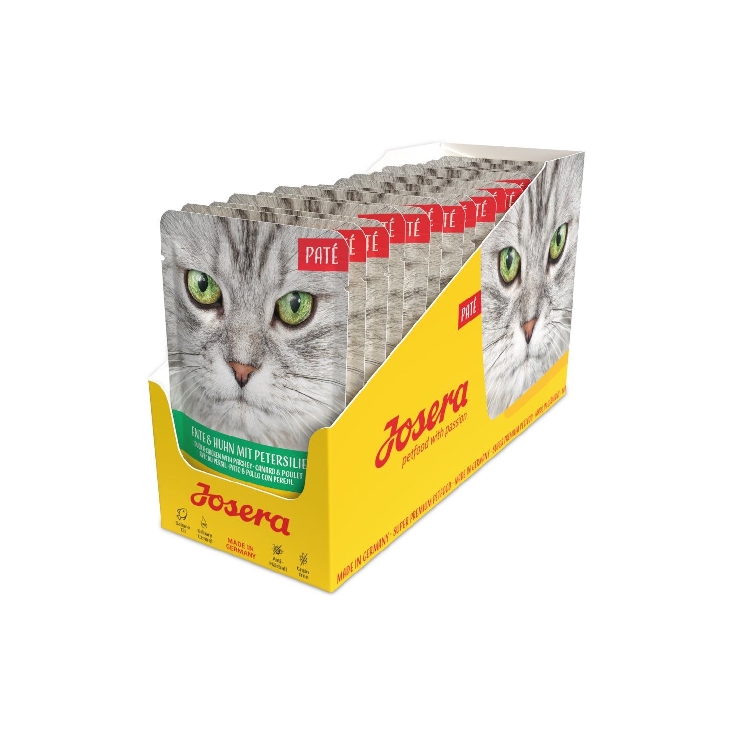 Josera Paté, Display mit Portionsbeuteln. Aufdruck: Katze, Paté Ente & Huhn mit Petersilie. Gelb-grüne Verpackung.