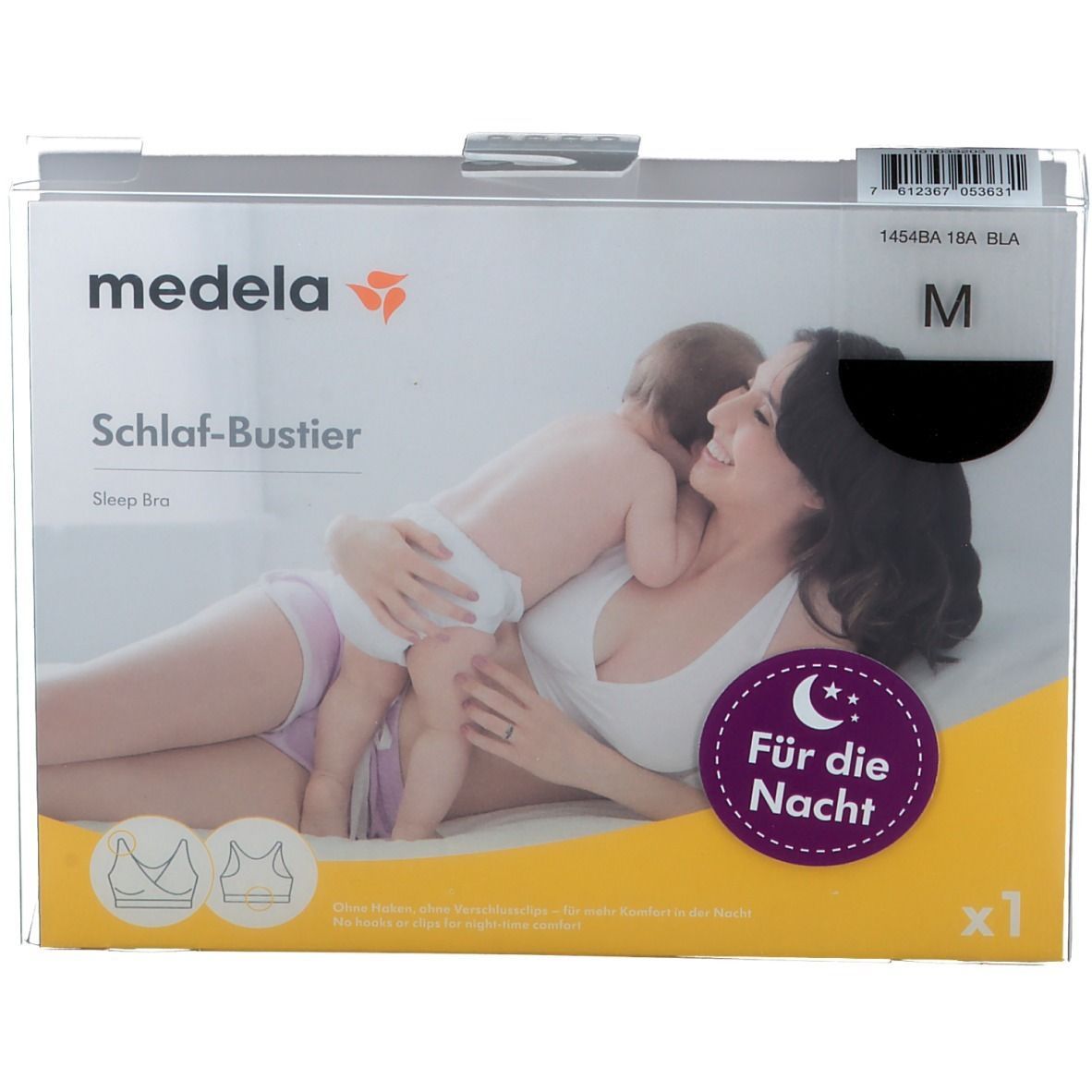Medela Schlaf-Bustier, schwarz, Gr. M in Verpackung. Frau mit Baby. Lila Kreis: Für die Nacht. Brust-BH-Illustrationen.