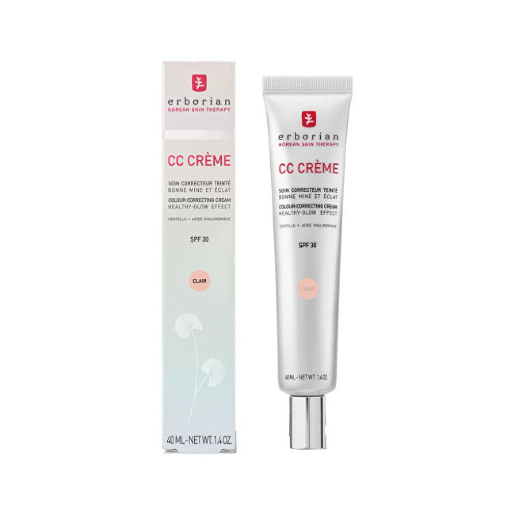Erborian CC Creme Porcelain SPF 30 Tube und Faltschachtel, beide mit holografischem Glanz.