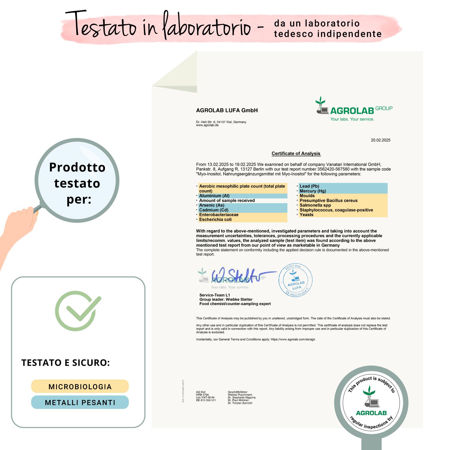 Rapporto di laboratorio di AGROLAB LUFA GmbH. Conferma dei test di microbiologia e metalli pesanti.