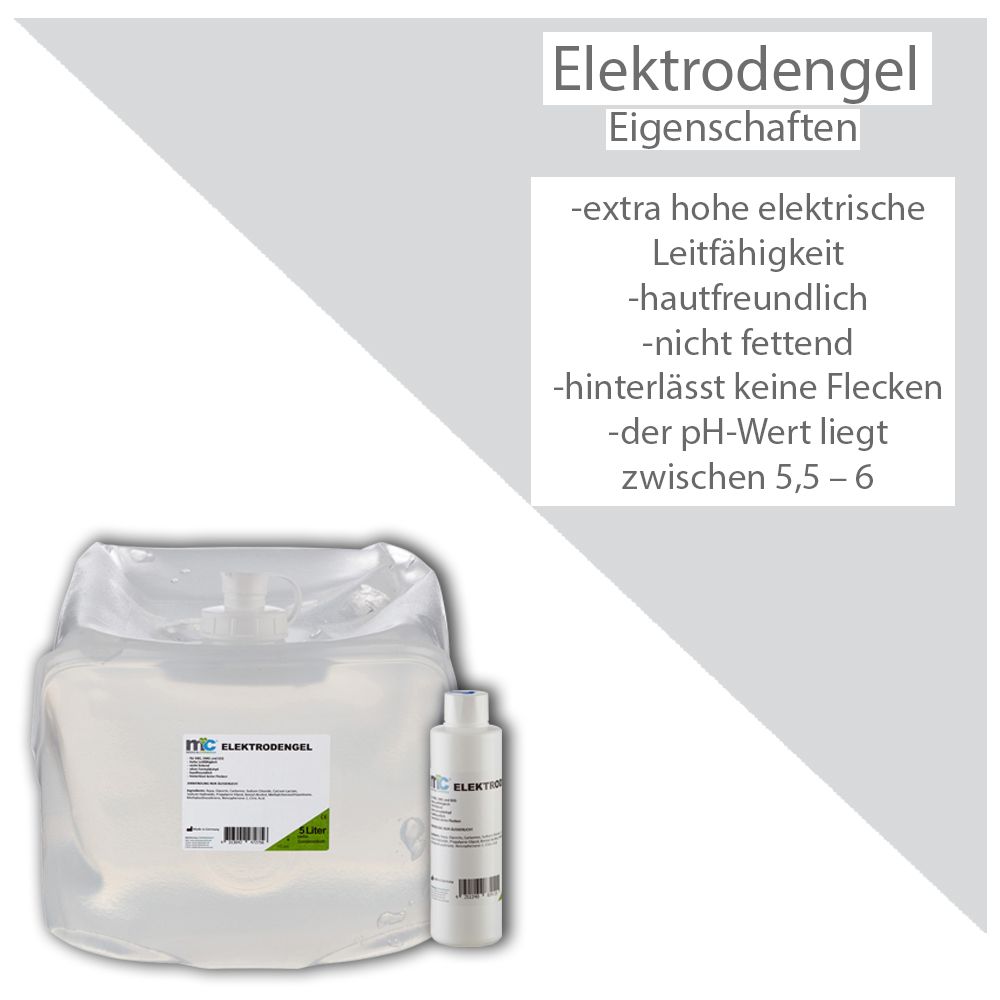 Großpackung und Flasche Elektrodengel mit Liste der Produkteigenschaften wie Leitfähigkeit und Hautfreundlichkeit.