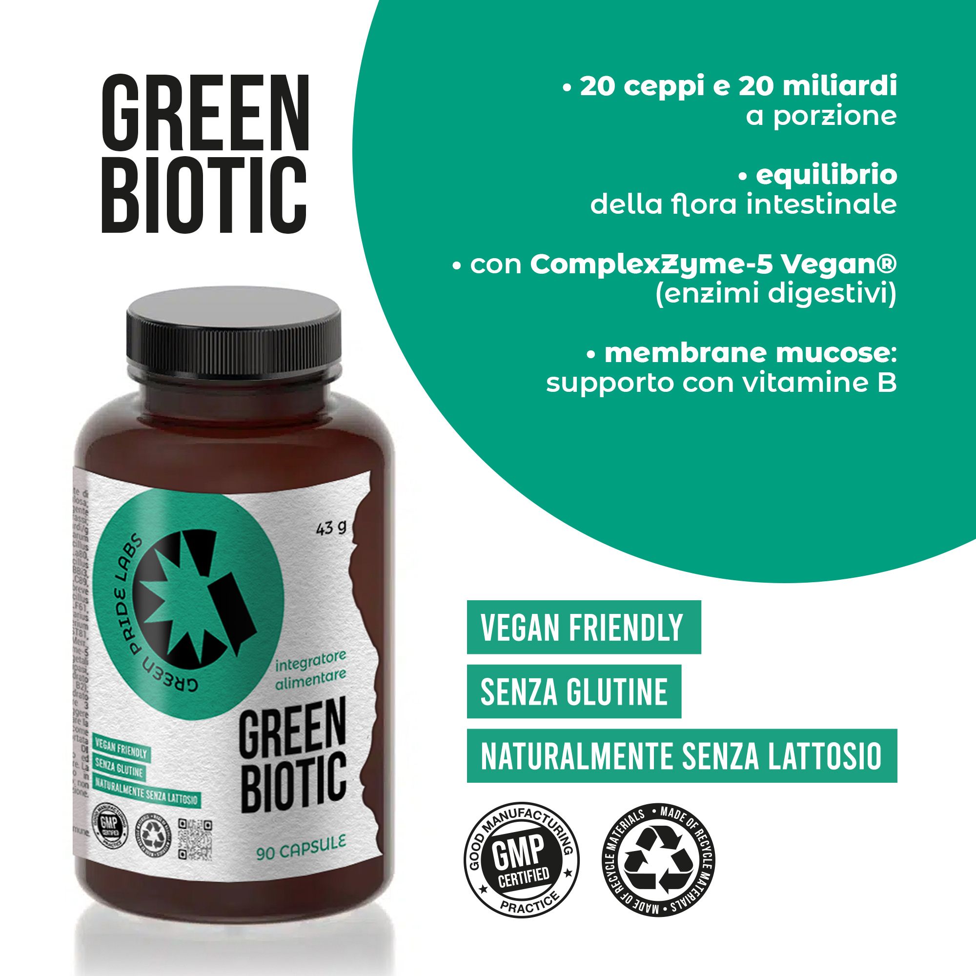 Green Biotic – Probiotisches Nahrungsergänzungsmittel mit 20 Stämmen, Präbiotika, Verdauungsenzymen