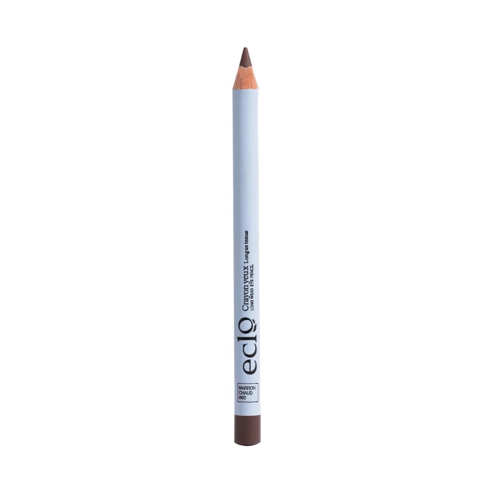 Brauner Eyeliner-Stift. Weißer Schaft mit brauner Spitze. Aufschrift: eclo, Crayon yeux, Longue tenue.