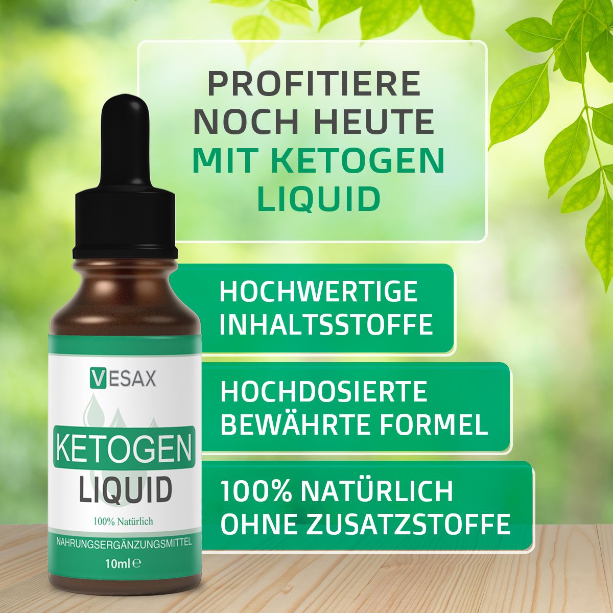 Flasche "KETOGEN LIQUID" vor grünem Hintergrund. Textfelder: "PROFITIERE NOCH HEUTE MIT KETOGEN LIQUID", "HOCHWERTIGE INHALTSSTOFFE".