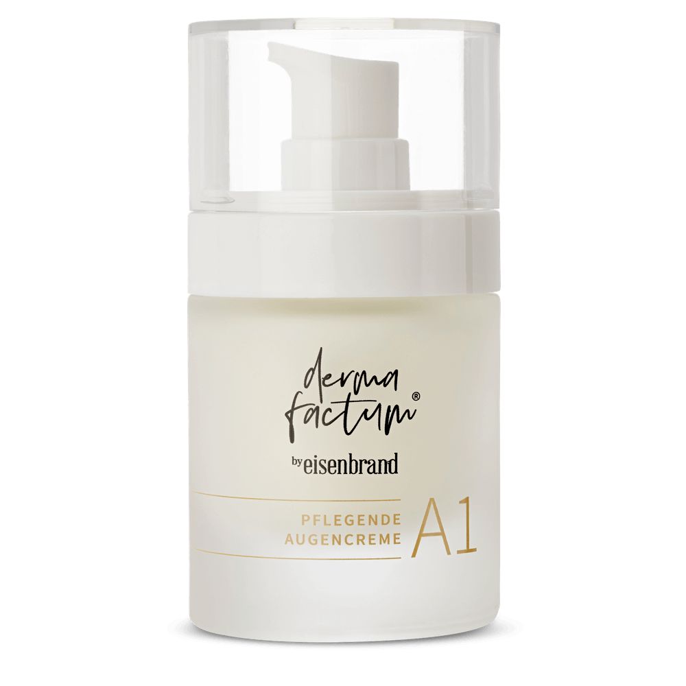 Cremebehälter mit Pumpverschluss. Aufschrift: Dermafactum, by eisenbrand, Pflegende Augencreme A1.