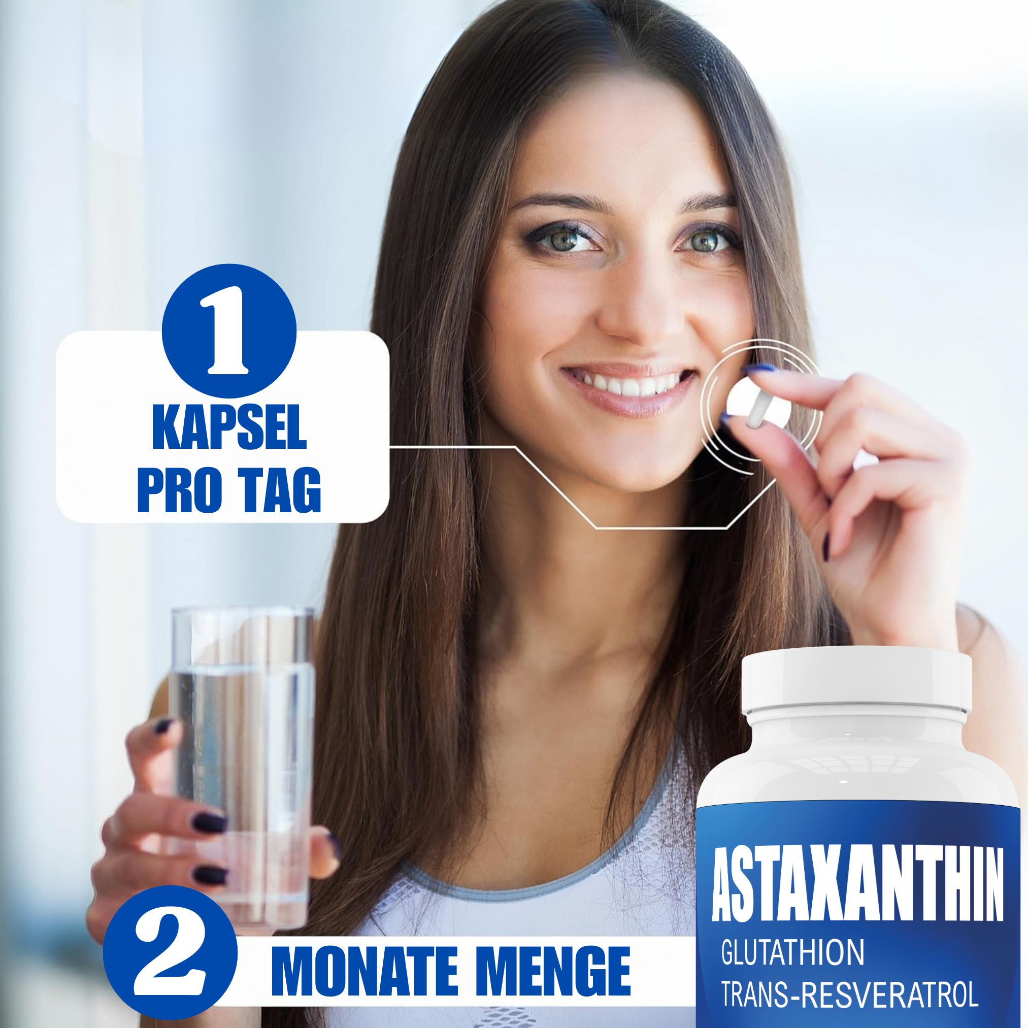 Frau nimmt Astaxantin-Kapsel ein. 1 Kapsel pro Tag, 2 Monate Vorrat.