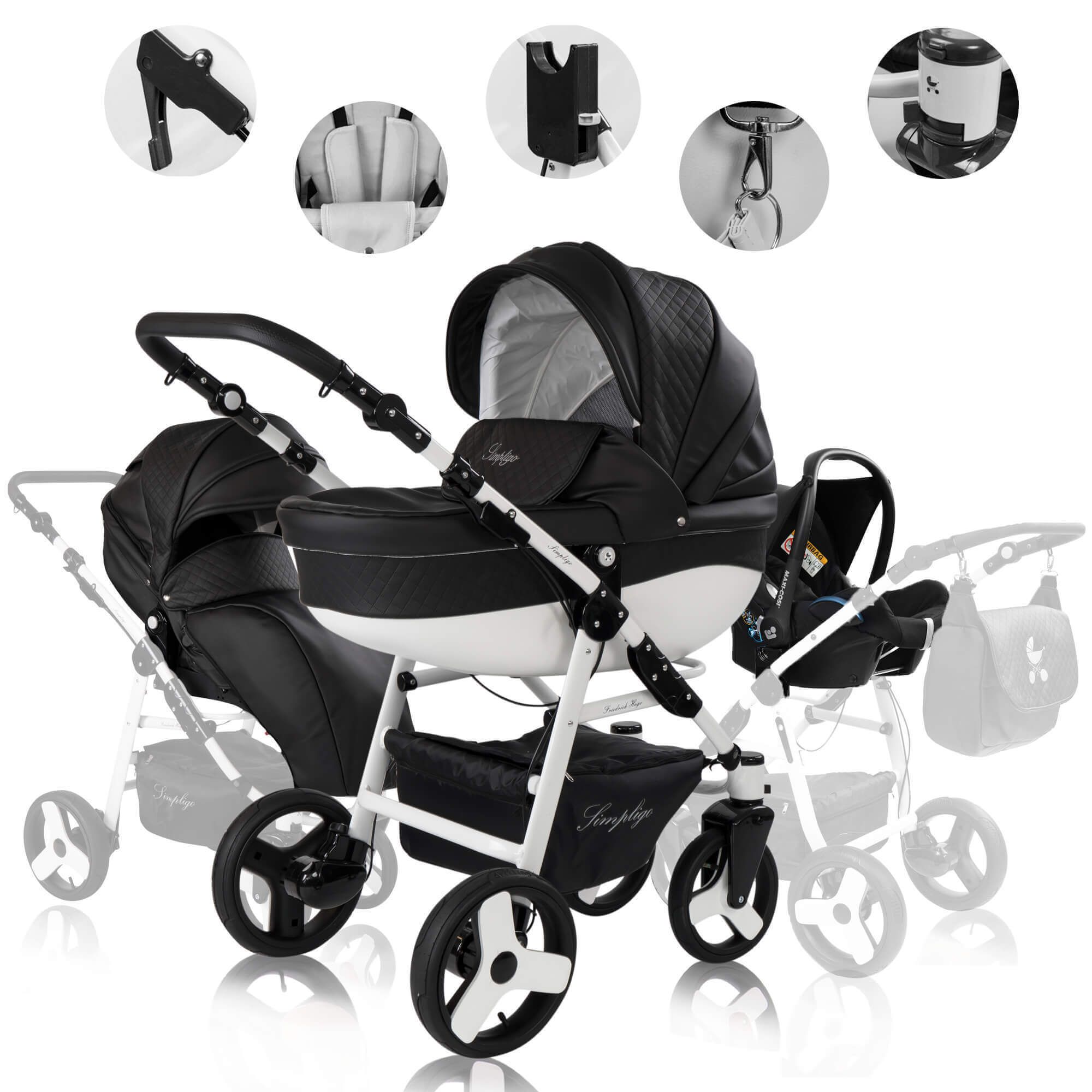 Kinderwagen mit Maxi Cosi, schwarz-weiß. Details: Griff, Sitz, Gurte, Befestigung, Räder. Marke: Simpligo.