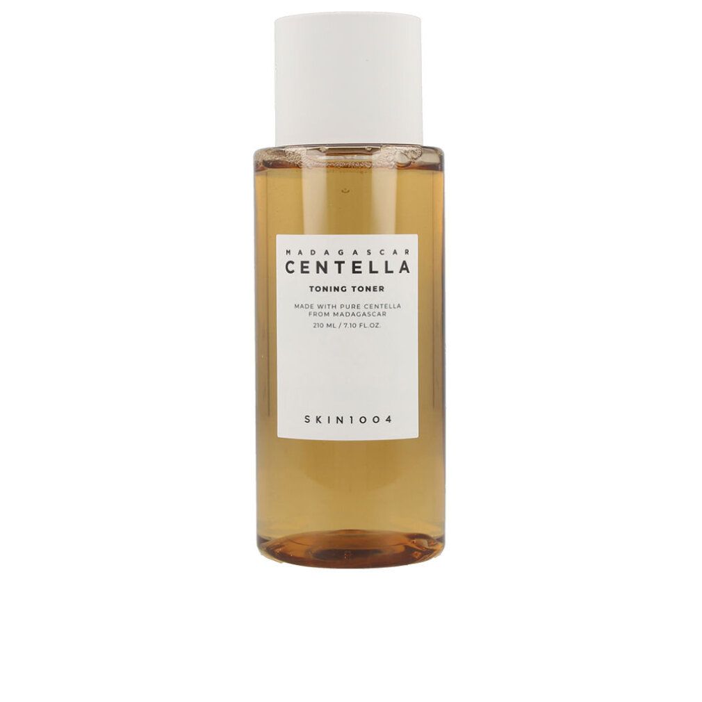 Flasche SKIN1004 Centella Toning Toner auf weißem Hintergrund, leicht schräg.