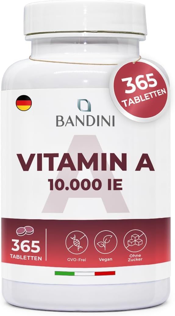 Weiße Flasche Bandini Vitamin A 10.000 IE. Aufschrift: 365 Tabletten. GVO-frei, Vegan, Ohne Zucker.