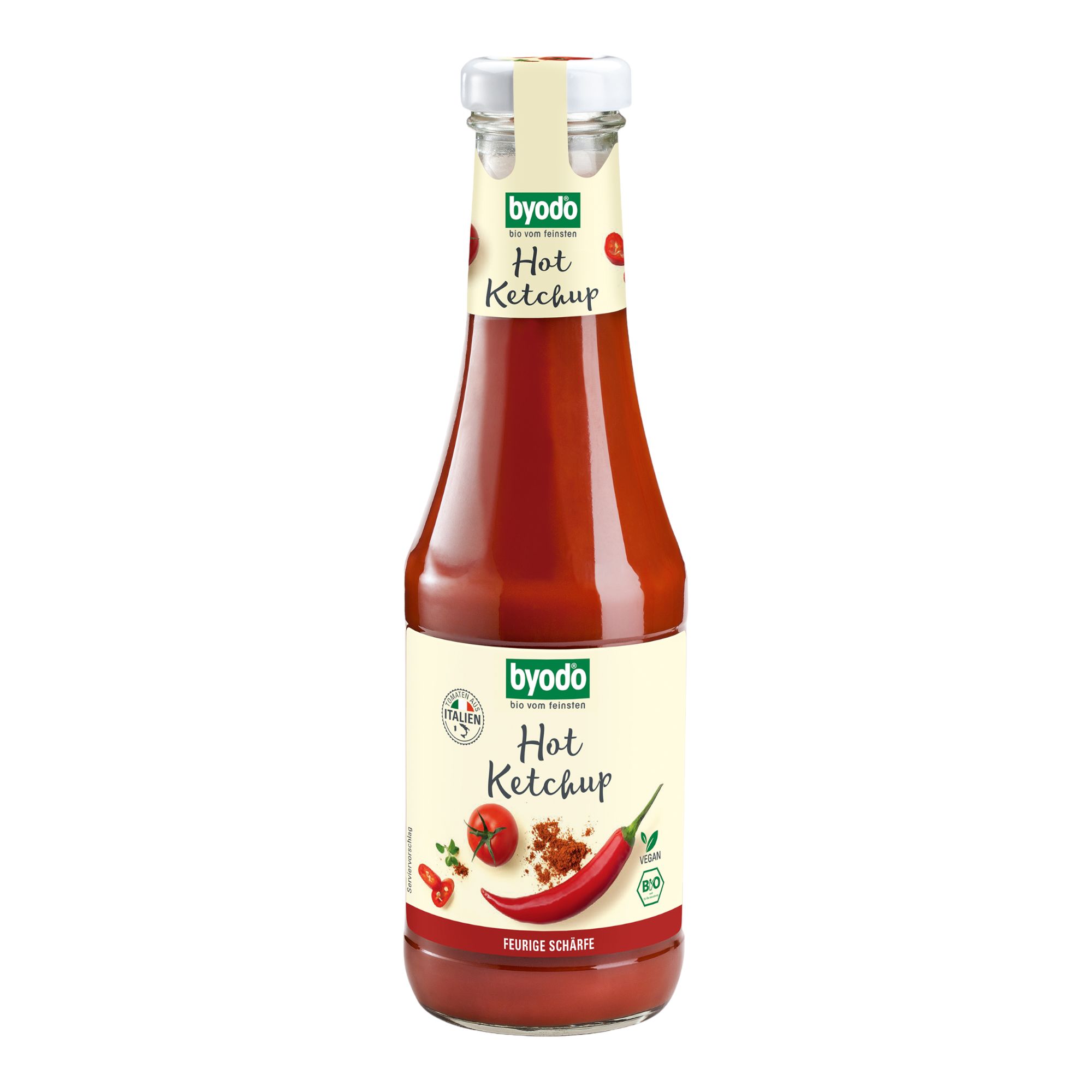 Flasche Byodo Hot Ketchup mit Etikett, das Chilis und Tomaten zeigt.