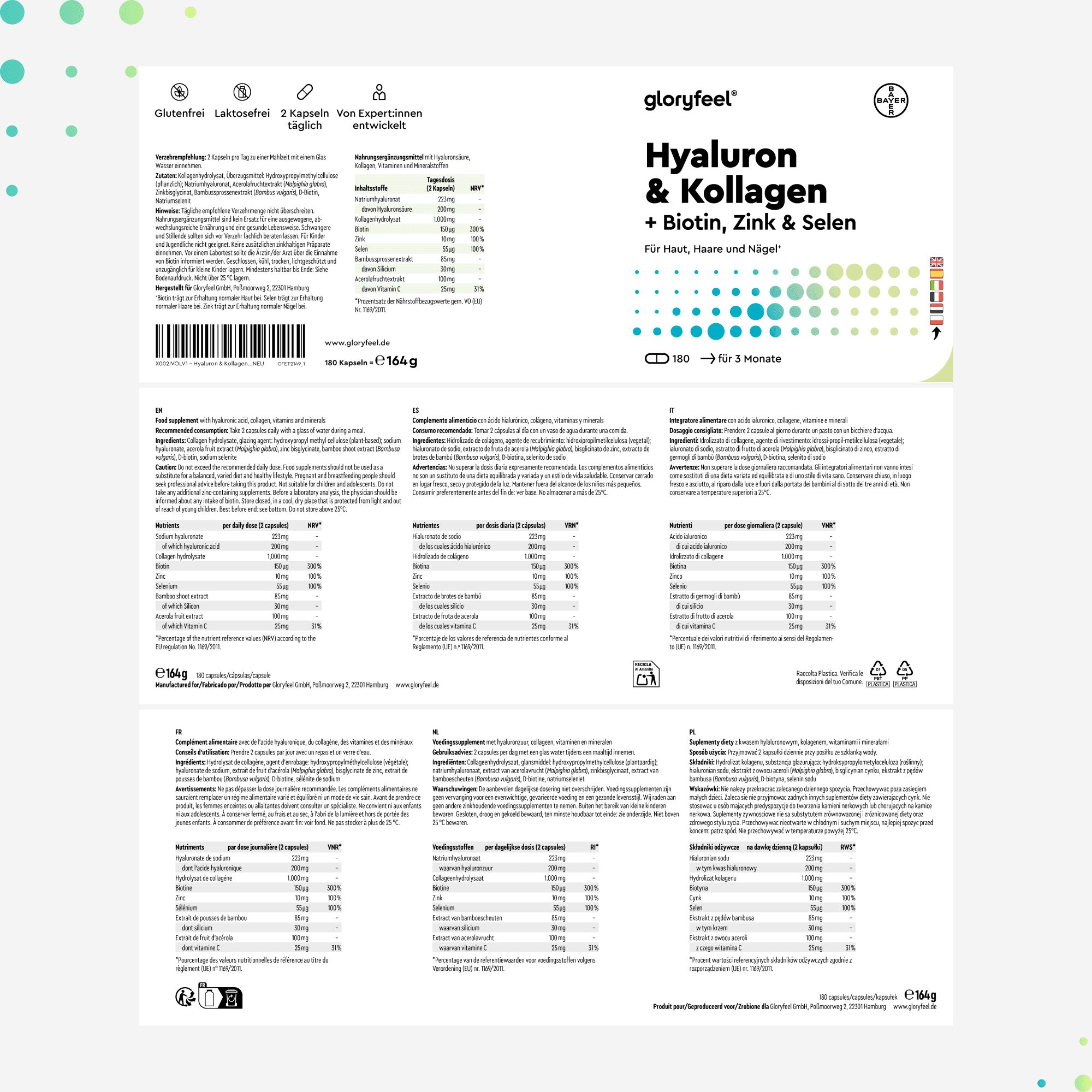 Etikett mit Informationen zu Inhaltsstoffen und Nährwerten in verschiedenen Sprachen. Text: Glutenfrei, Laktosefrei, 2 Kapseln täglich.