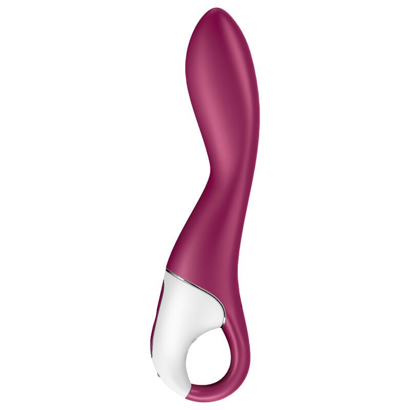 Bordeauxfarbener Vibrator mit weißem Griff und Ring. Geschwungene Form.