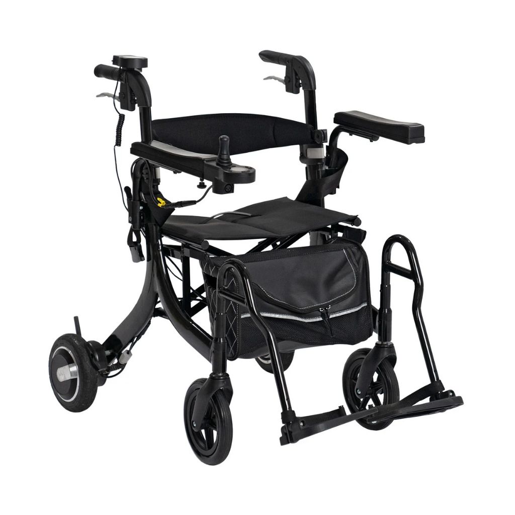 Elektrischer Rollator mit Sitz, Armlehnen und Joystick-Steuerung.
