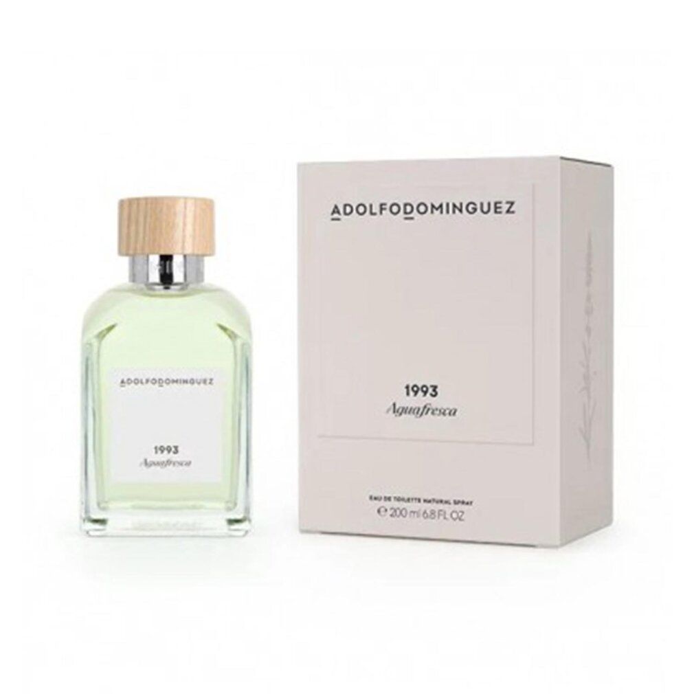 Flakon und Verpackung von Adolfo Dominguez 1993 Agua Fresca Eau de Toilette. Flakon mit Holzdeckel, rechteckige Verpackung mit Logo.