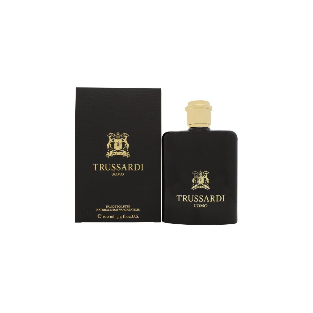 Trussardi Uomo Eau de Toilette Spray in schwarzer Flasche mit goldener Kappe und Schachtel.