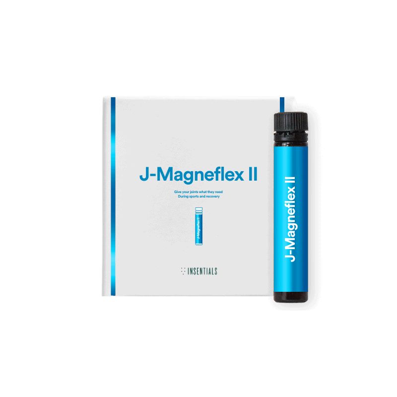 Produktverpackung mit blauem Fläschchen und Broschüre. Aufschrift J-Magneflex II. Marke Insentials.