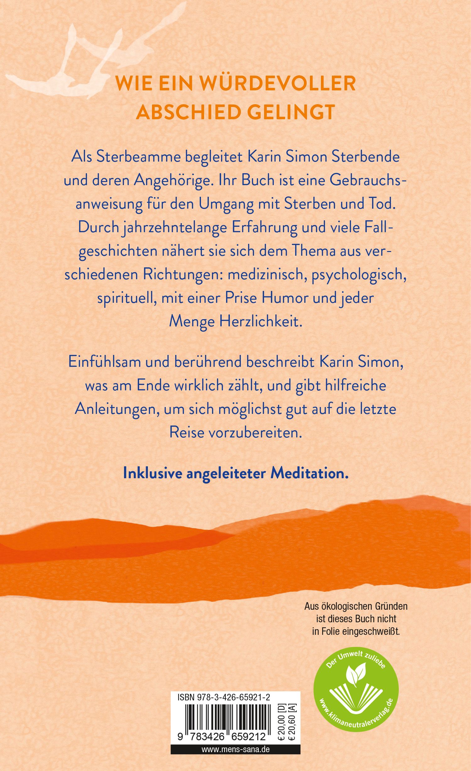 Buchrückseite mit Text. Titel: "Wie ein würdevoller Abschied gelingt". Autorin: Karin Simon. Verlag: Knaur Menssana.