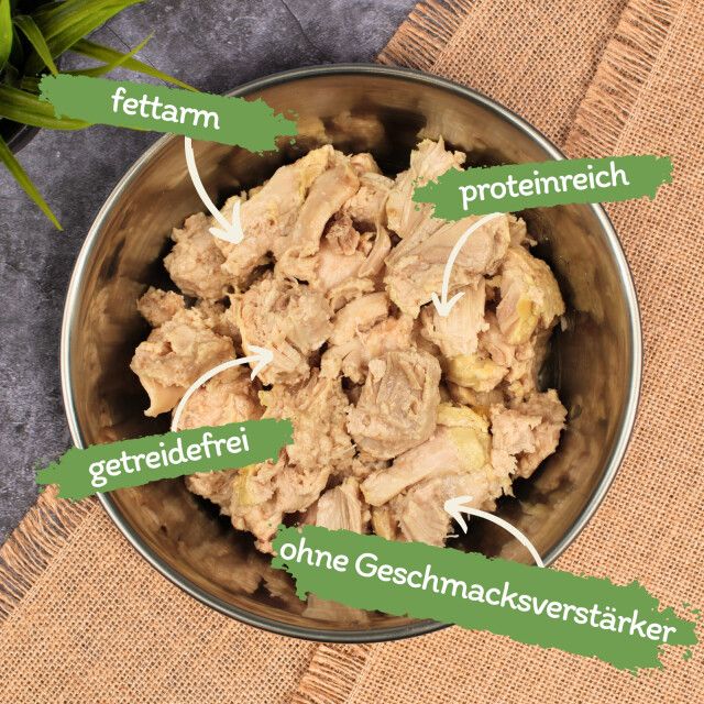 Hundefutter in einer Schüssel. Beschriftungen: fettarm, getreidefrei, ohne Geschmacksverstärker, proteinreich. Pfeile zeigen auf das Futter.