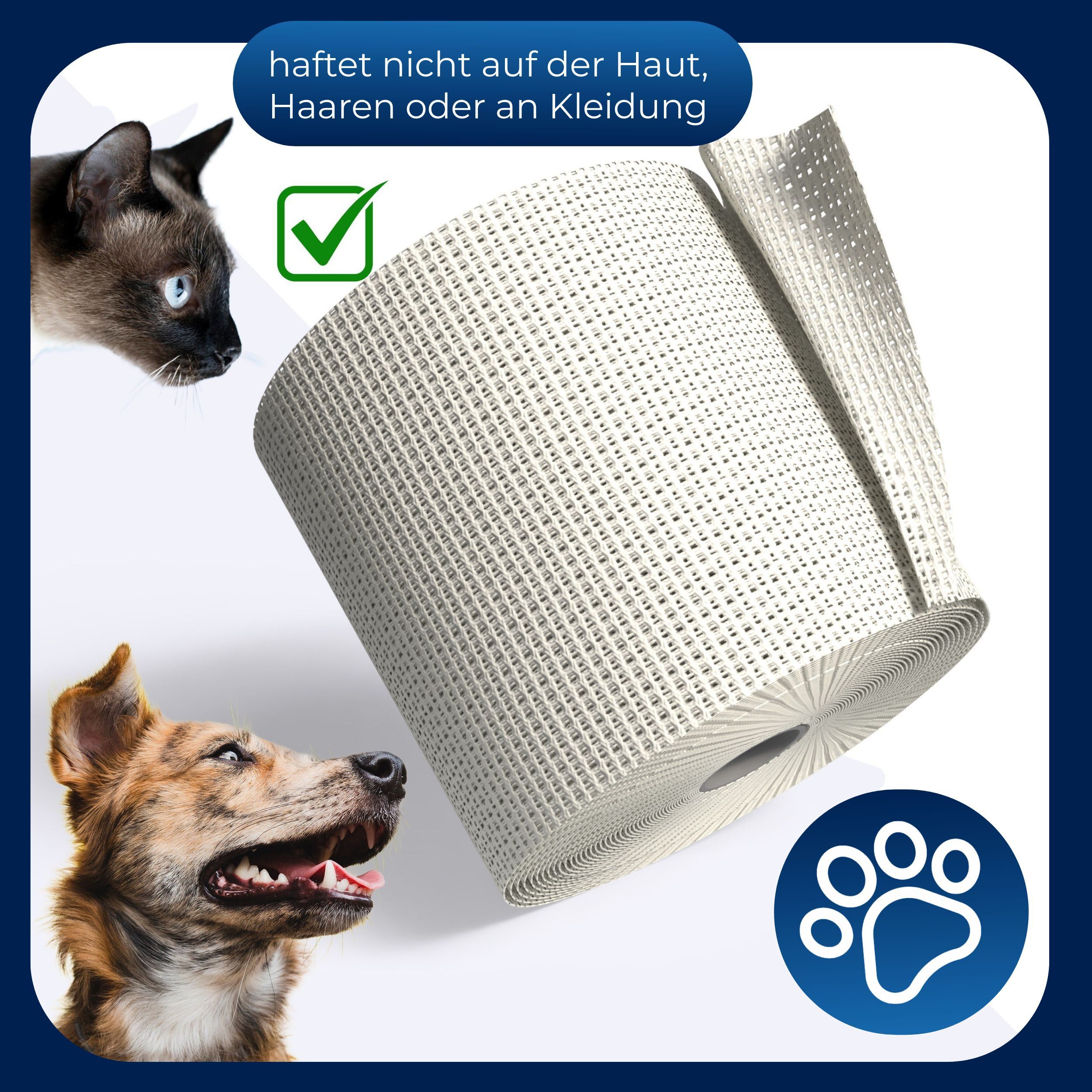 Weißes Verbandmaterial, gerollt. Text auf blauem Hintergrund: haftet nicht auf Haut, Haaren oder Kleidung. Katze, Hund.