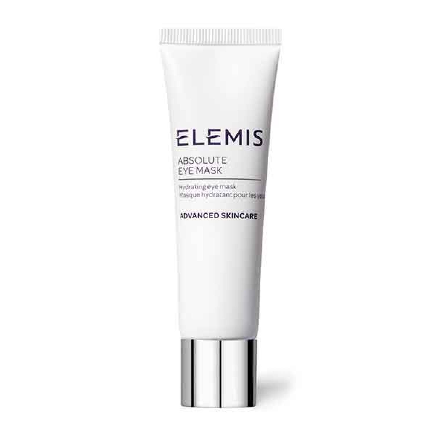 Weißer Tubenbehälter mit silberfarbenem Boden. Aufschrift: Elemis, Absolute Eye Mask, Advanced Skincare. Produkt für die Augenpartie.