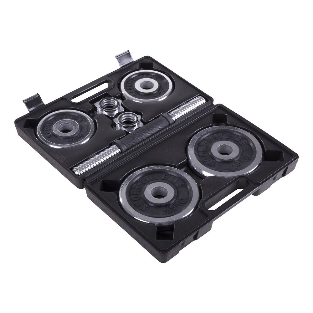 Kurzhantel-Set in schwarzem Koffer. Enthält Hantelscheiben, Hantelstange und Verschlüsse. Koffer geöffnet.