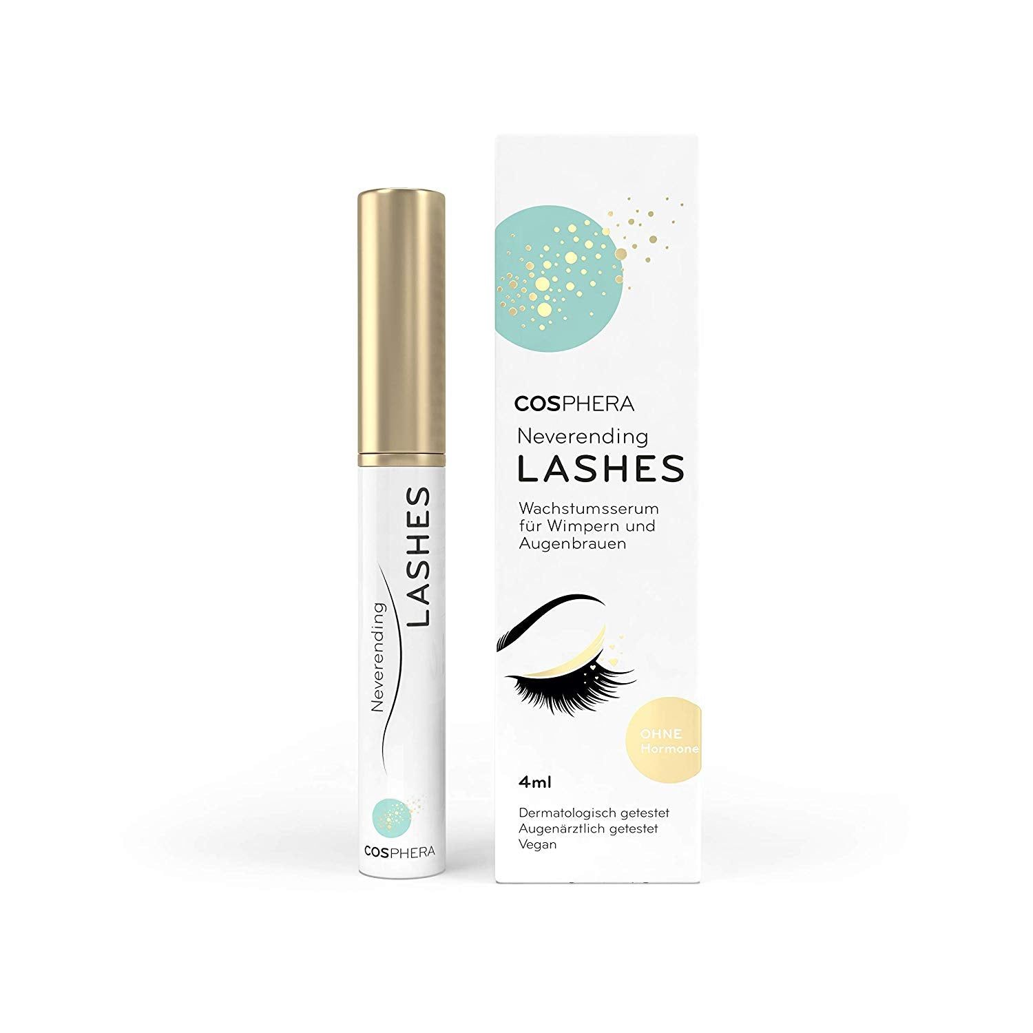 Cosphera Neverending Lashes Wimpernserum in weißer Tube mit goldenem Applikator und Umverpackung.