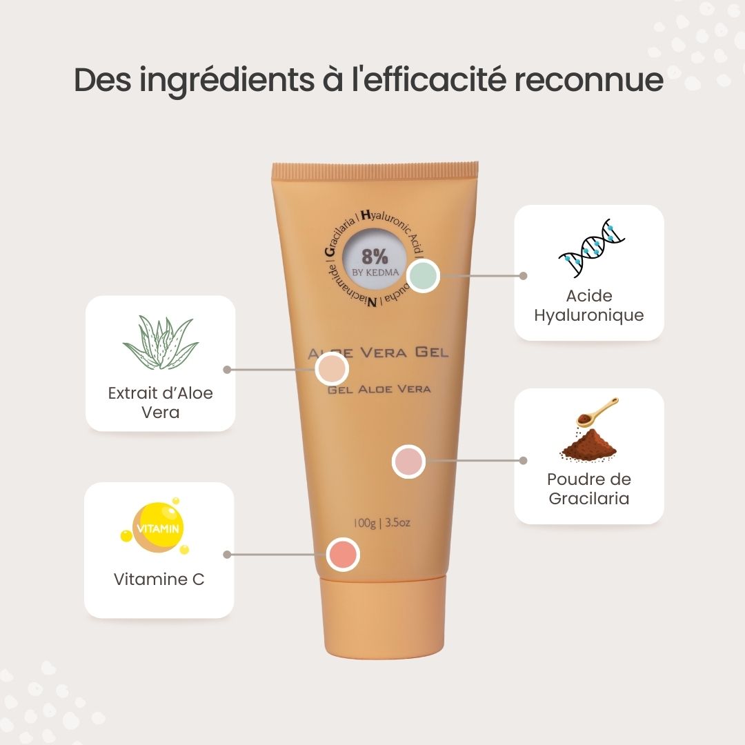 Tube beige de gel d'aloe vera, texte. Extrait d'aloe vera, vitamine C, acide hyaluronique, poudre de Gracilaria. 8% by Kedma.