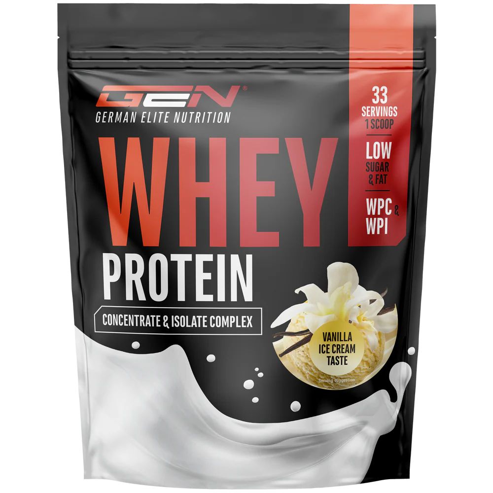GEN Whey Protein Komplex. Schwarze Verpackung mit Produktinformationen. Enthält 33 Portionen. Geschmack: Vanille. Konzentrat & Isolat.