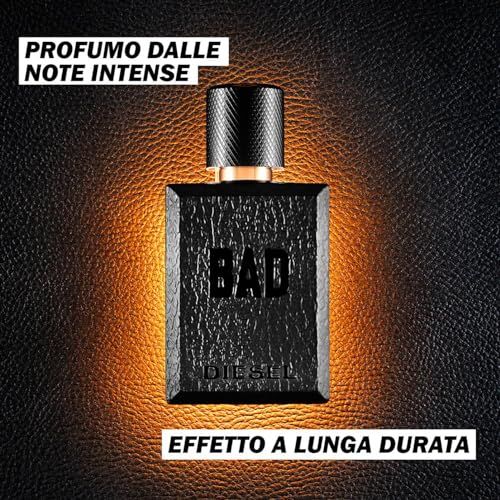 Diesel Bad Eau de Toilette Flasche mit schwarzer Lederstruktur und goldenen Details, beleuchtet.