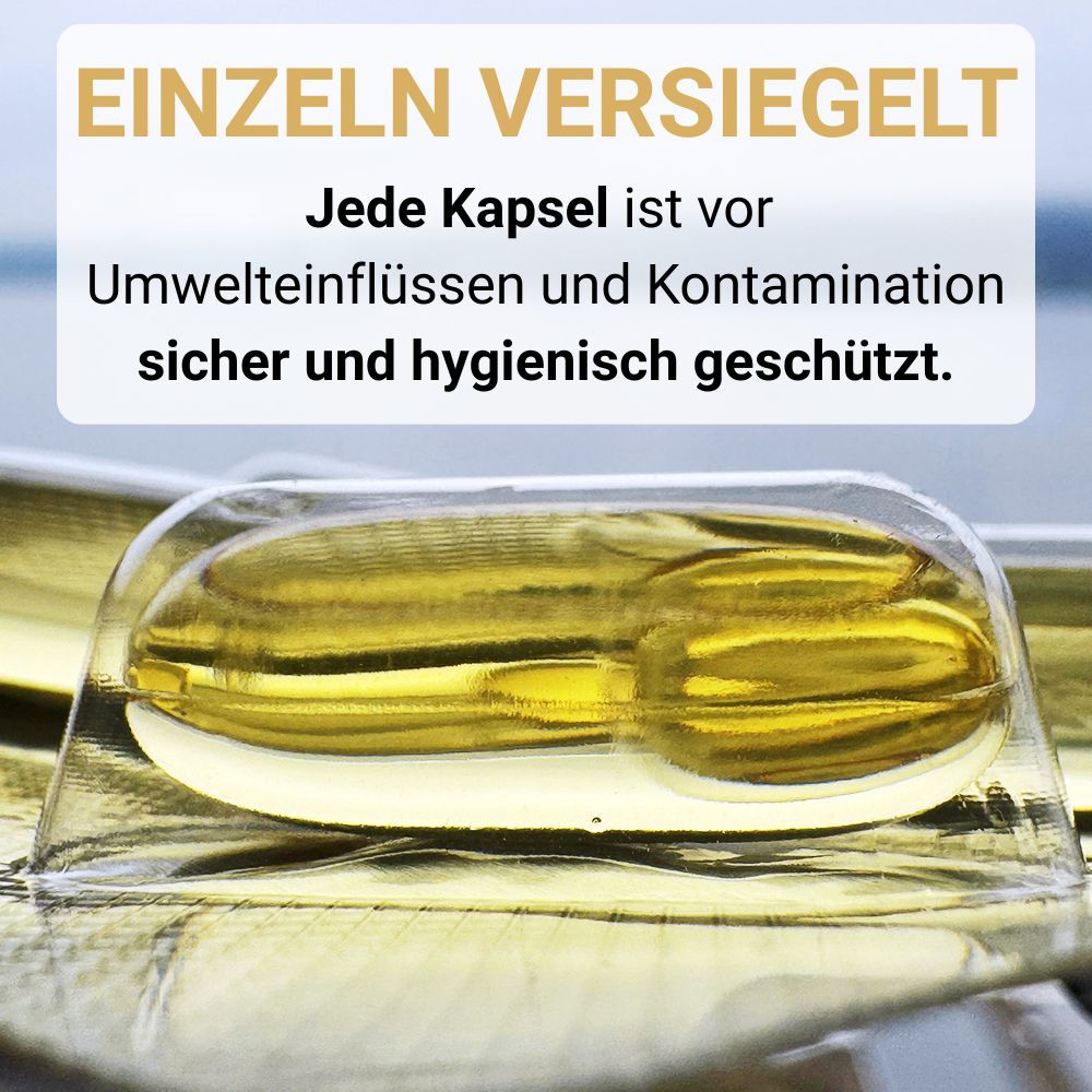 Kapsel in Blisterverpackung. Text: Einzeln versiegelt. Jede Kapsel ist vor Umwelteinflüssen und Kontamination sicher und hygienisch geschützt.